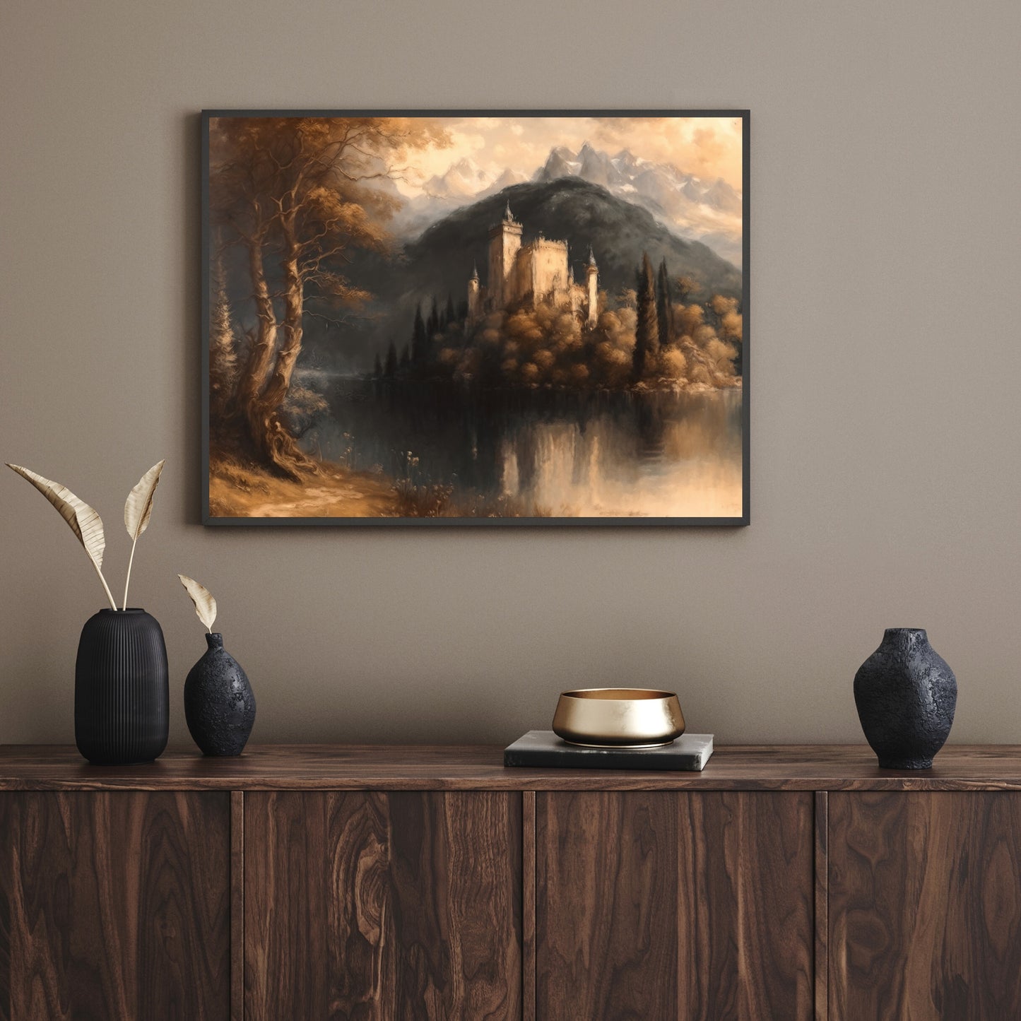 Vintage Castle Lake Painting Paper Poster Prints Vintage Oil Painting & Wall Art tranquill lake with a castle on island, Antique art