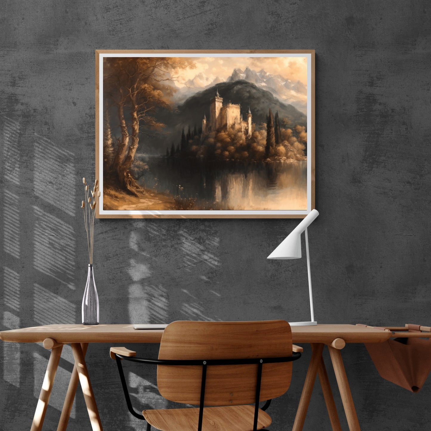 Vintage Castle Lake Painting Paper Poster Prints Vintage Oil Painting & Wall Art tranquill lake with a castle on island, Antique art