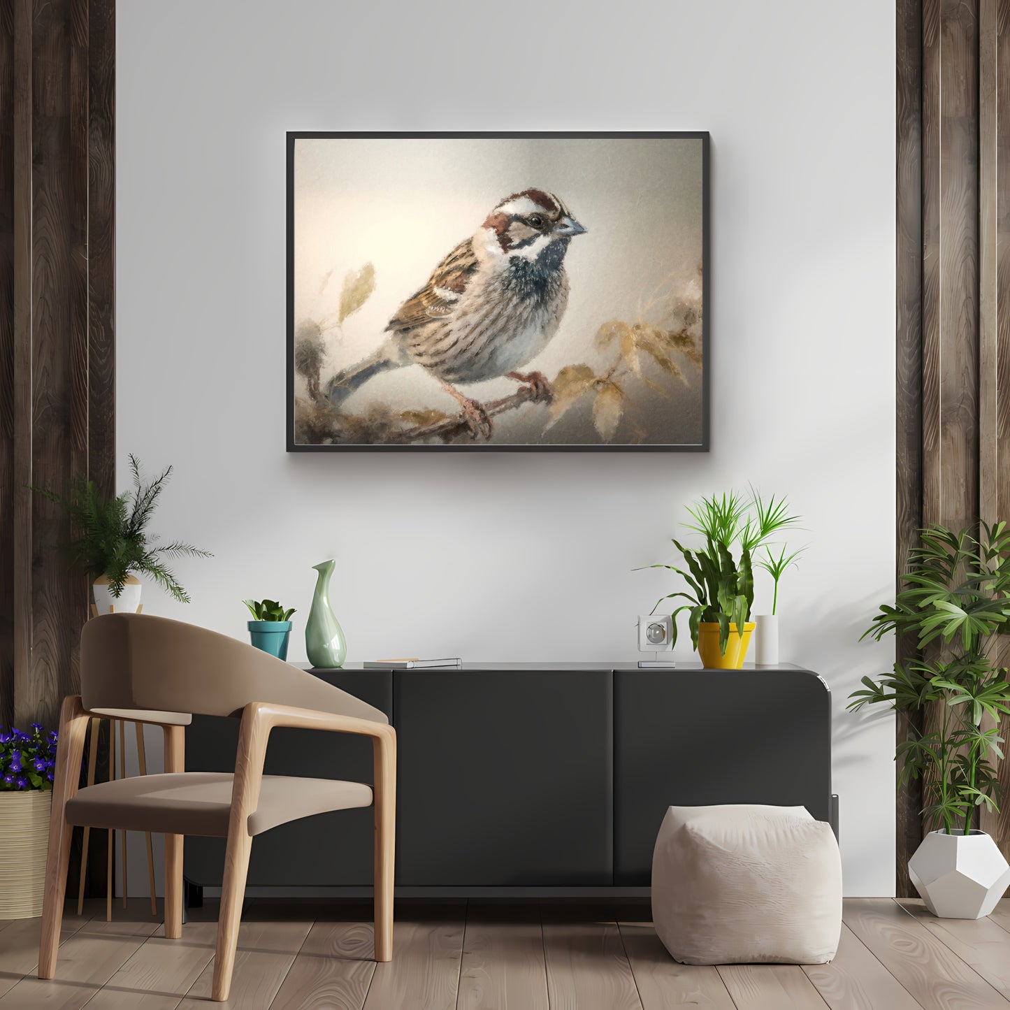 Vintage Bird Painting Paper Poster Prints Vintage Oil Painting Style & Wall Art of a Sparrow sitting on a twig, birding print