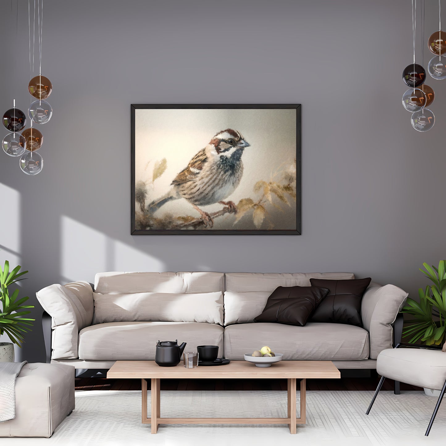 Vintage Bird Painting Paper Poster Prints Vintage Oil Painting Style & Wall Art of a Sparrow sitting on a twig, birding print