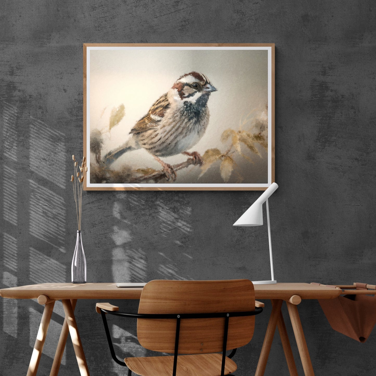 Vintage Bird Painting Paper Poster Prints Vintage Oil Painting Style & Wall Art of a Sparrow sitting on a twig, birding print