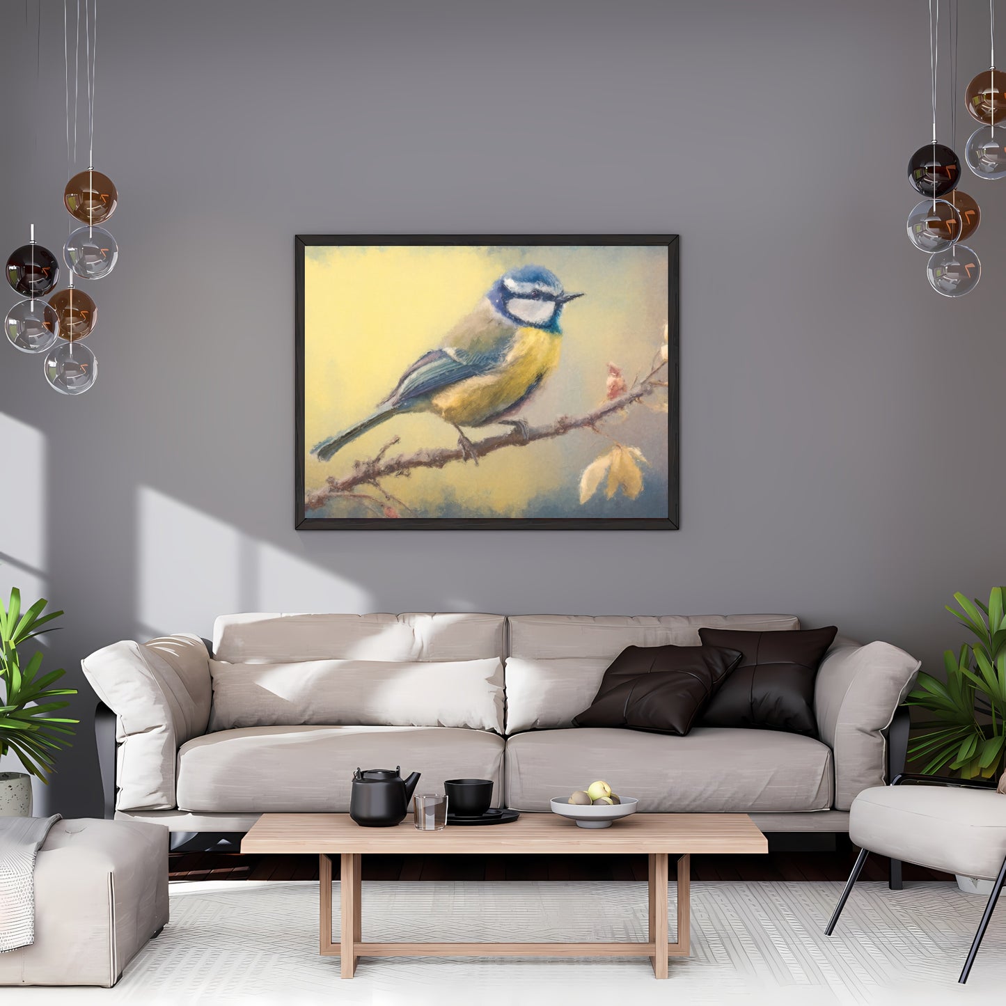 Vintage Bird Paper Poster Prints Painting Vintage Oil Painting Style & Wall Art of a Bluetit sitting on a twig, birding print