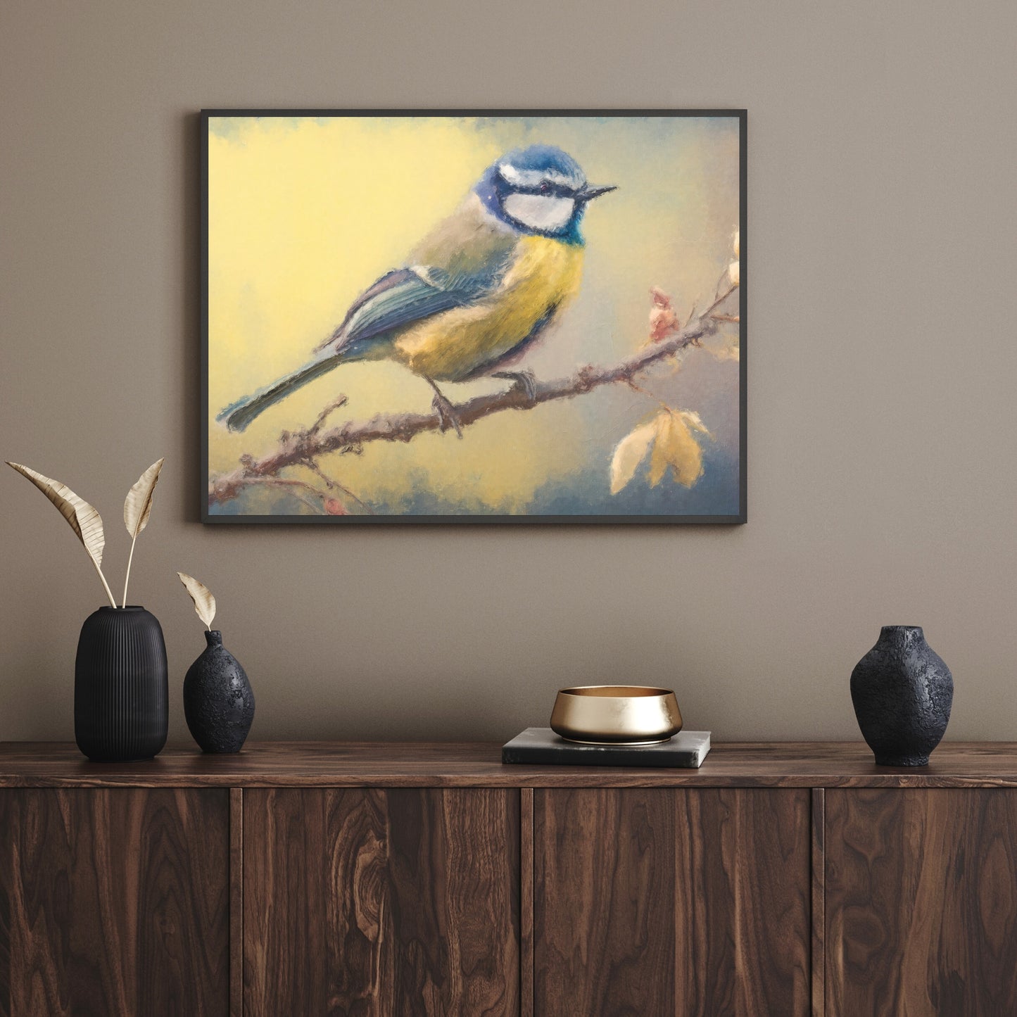 Vintage Bird Paper Poster Prints Painting Vintage Oil Painting Style & Wall Art of a Bluetit sitting on a twig, birding print
