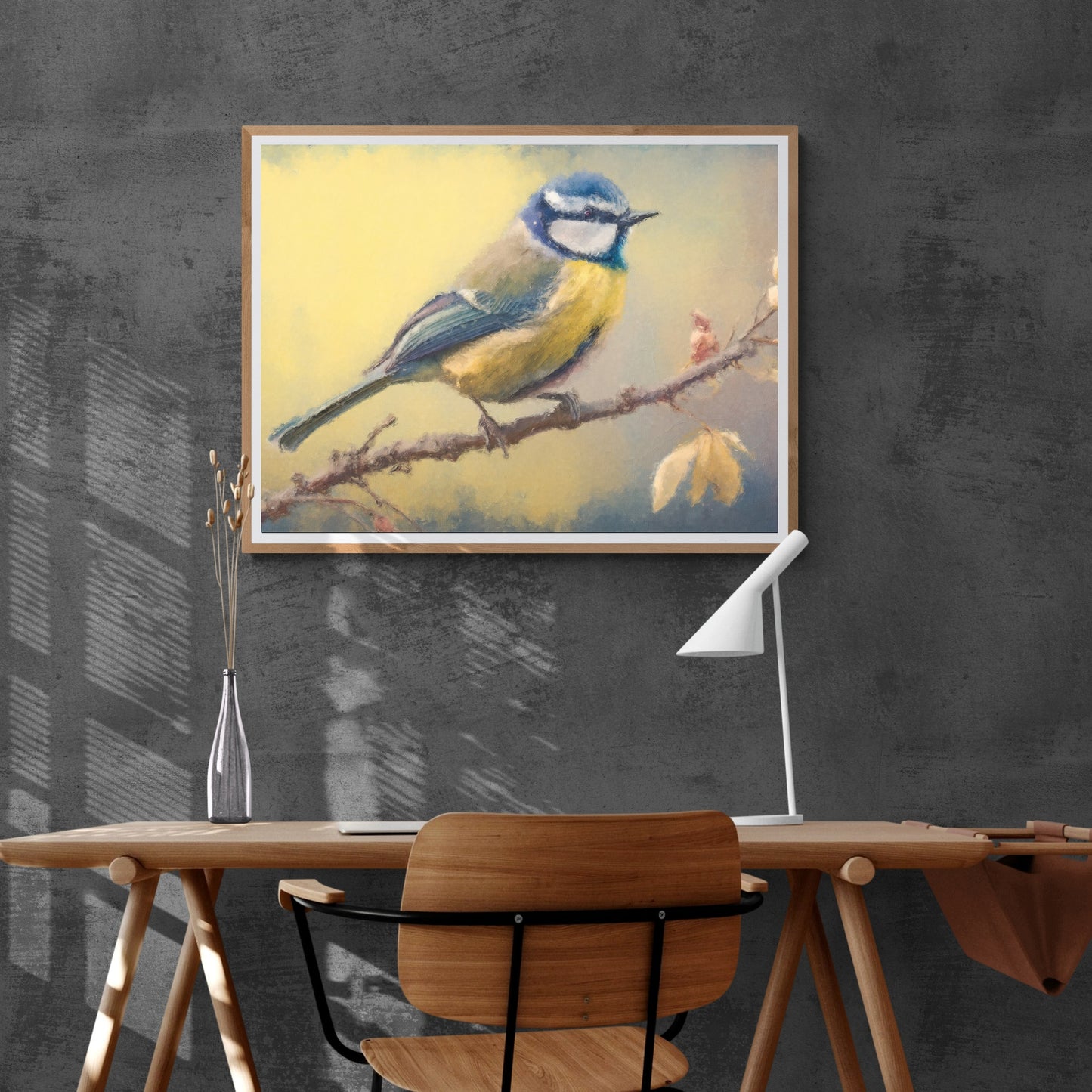 Vintage Bird Paper Poster Prints Painting Vintage Oil Painting Style & Wall Art of a Bluetit sitting on a twig, birding print