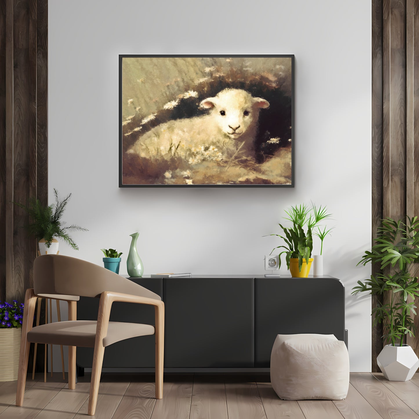 Vintage Sheep Painting Paper Poster Prints Vintage Oil Painting Style & Wall Art baby Sheep sitting in high grass and wildflowers
