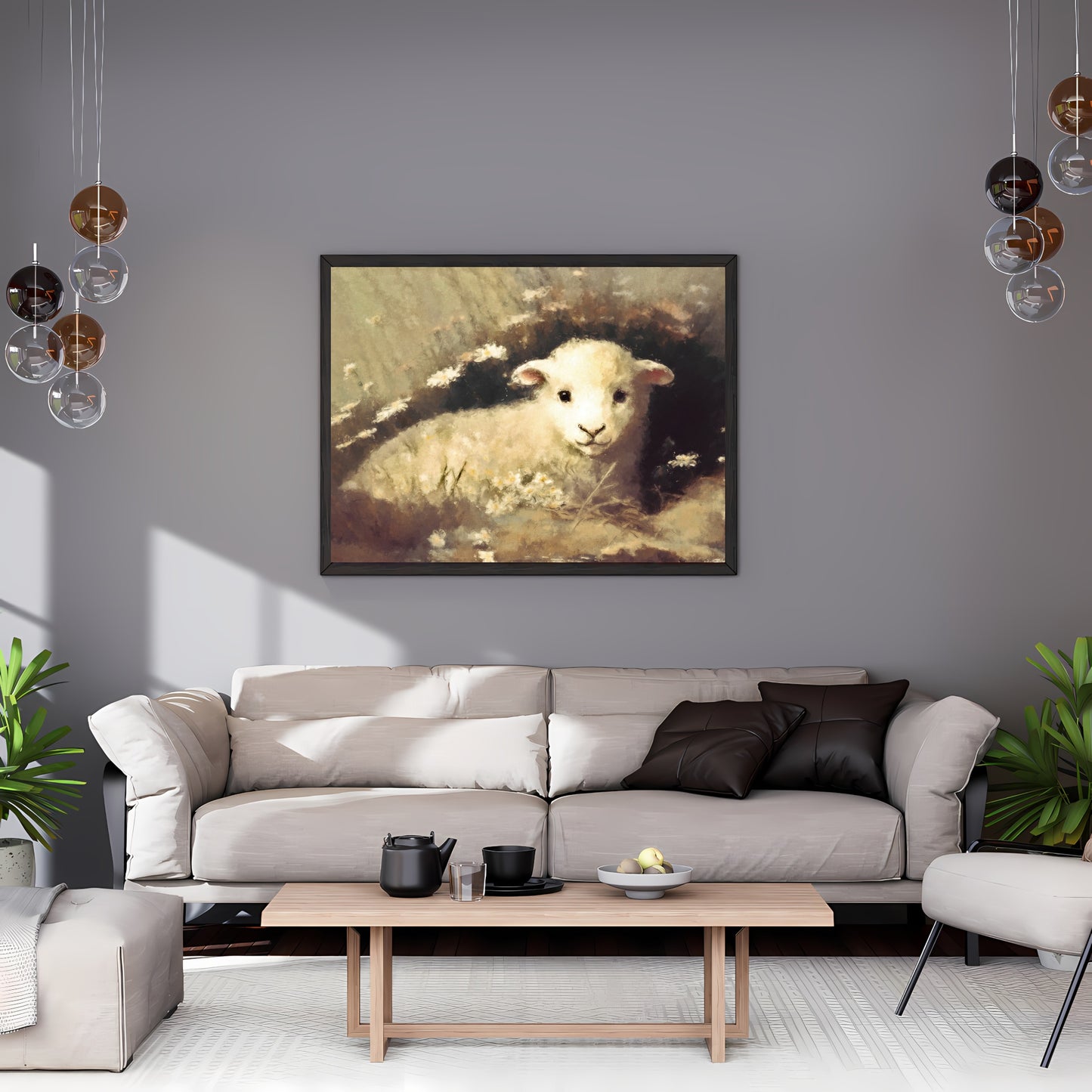 Vintage Sheep Painting Paper Poster Prints Vintage Oil Painting Style & Wall Art baby Sheep sitting in high grass and wildflowers