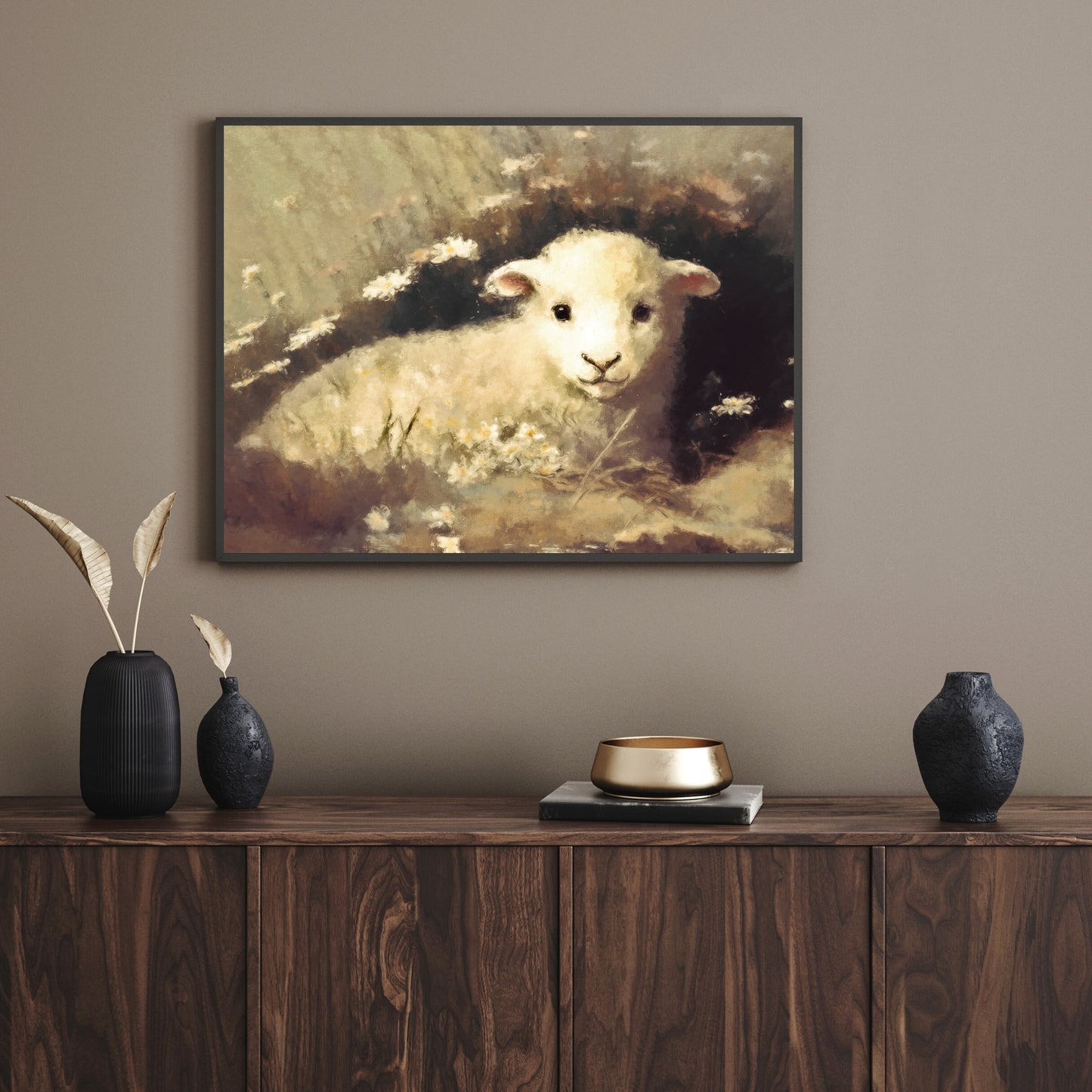 Vintage Sheep Painting Paper Poster Prints Vintage Oil Painting Style & Wall Art baby Sheep sitting in high grass and wildflowers
