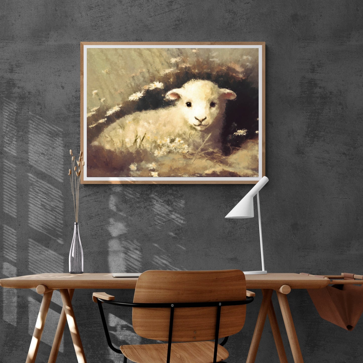 Vintage Sheep Painting Paper Poster Prints Vintage Oil Painting Style & Wall Art baby Sheep sitting in high grass and wildflowers