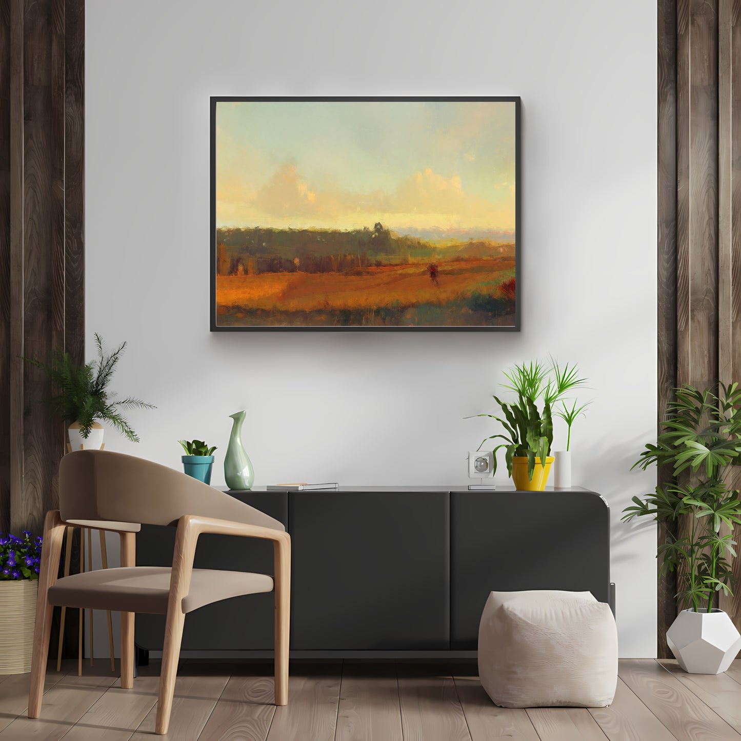 Serene Rural Landscape Paper Poster Prints Wall Art Oil Painting with Visible Brush Strokes in Brown & Green Tones Perfect for Rustic Home Decor
