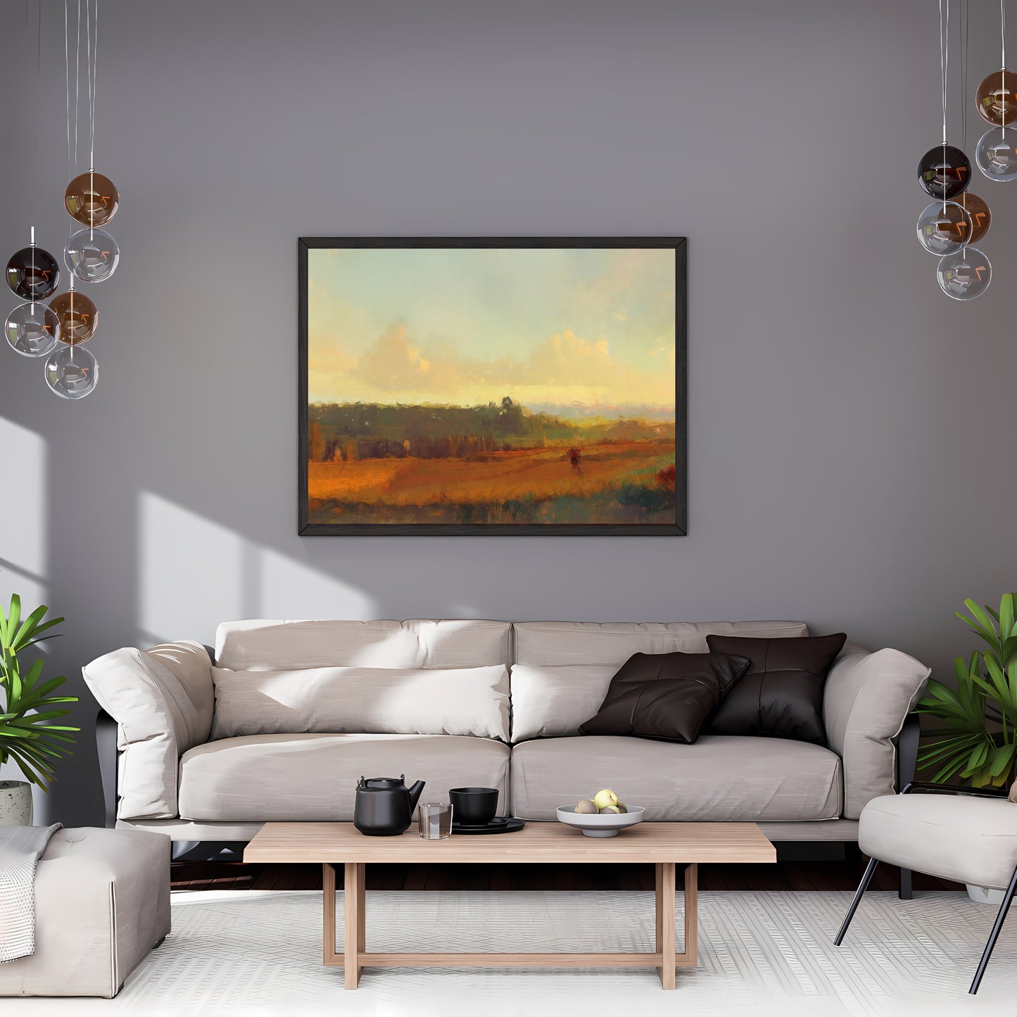 Serene Rural Landscape Paper Poster Prints Wall Art Oil Painting with Visible Brush Strokes in Brown & Green Tones Perfect for Rustic Home Decor