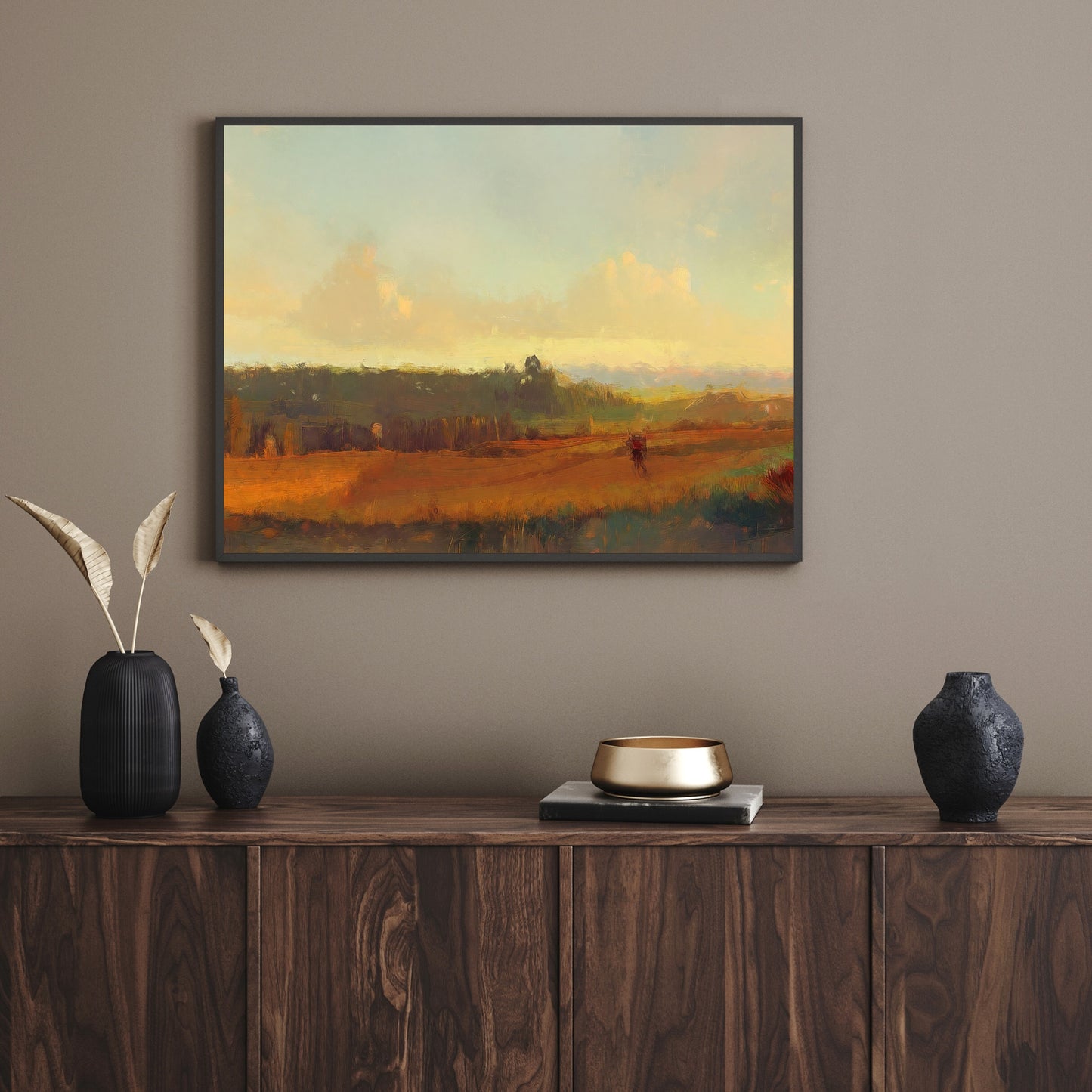 Serene Rural Landscape Paper Poster Prints Wall Art Oil Painting with Visible Brush Strokes in Brown & Green Tones Perfect for Rustic Home Decor