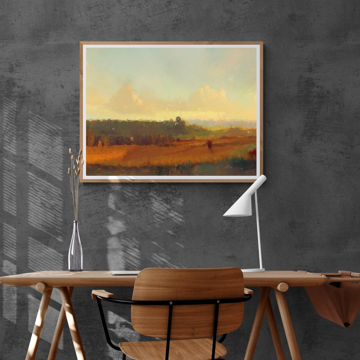 Serene Rural Landscape Paper Poster Prints Wall Art Oil Painting with Visible Brush Strokes in Brown & Green Tones Perfect for Rustic Home Decor