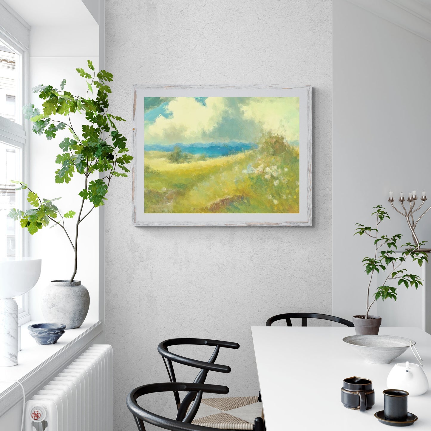 Green Wildflower Meadow Paper Poster Prints Wall Art Abstract Oil Painting with Majestic Mountains and Vivid Colors Nature-Inspired Home Decor