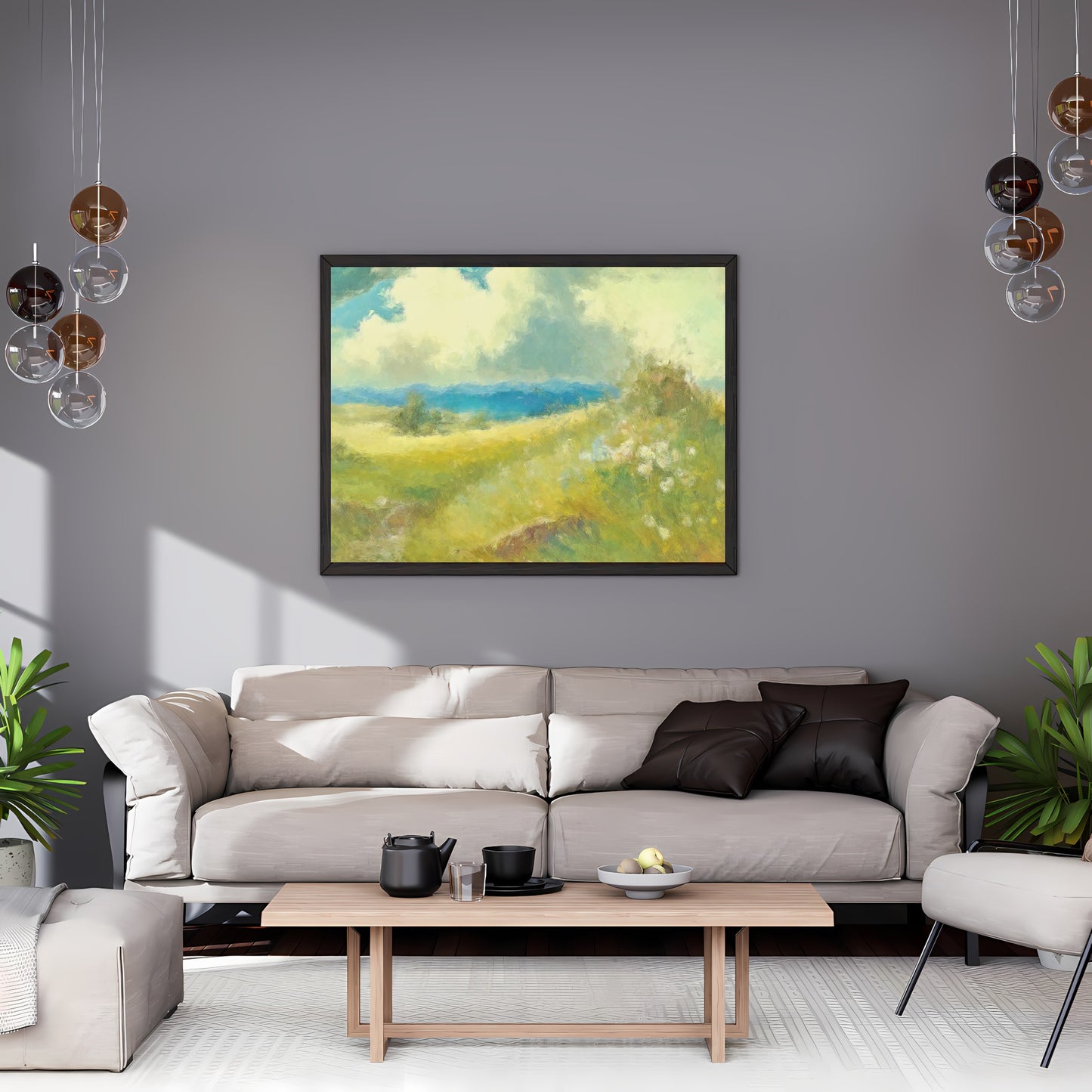 Green Wildflower Meadow Paper Poster Prints Wall Art Abstract Oil Painting with Majestic Mountains and Vivid Colors Nature-Inspired Home Decor