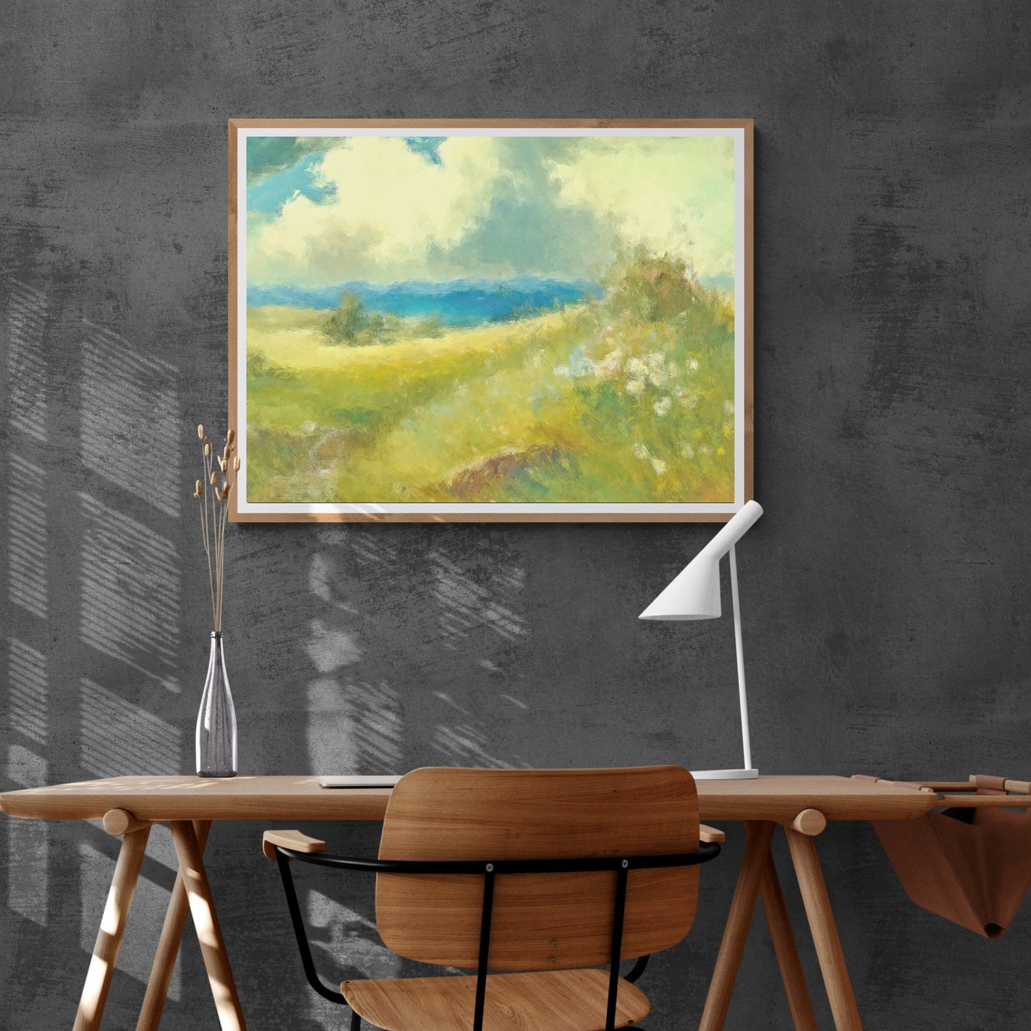 Green Wildflower Meadow Paper Poster Prints Wall Art Abstract Oil Painting with Majestic Mountains and Vivid Colors Nature-Inspired Home Decor