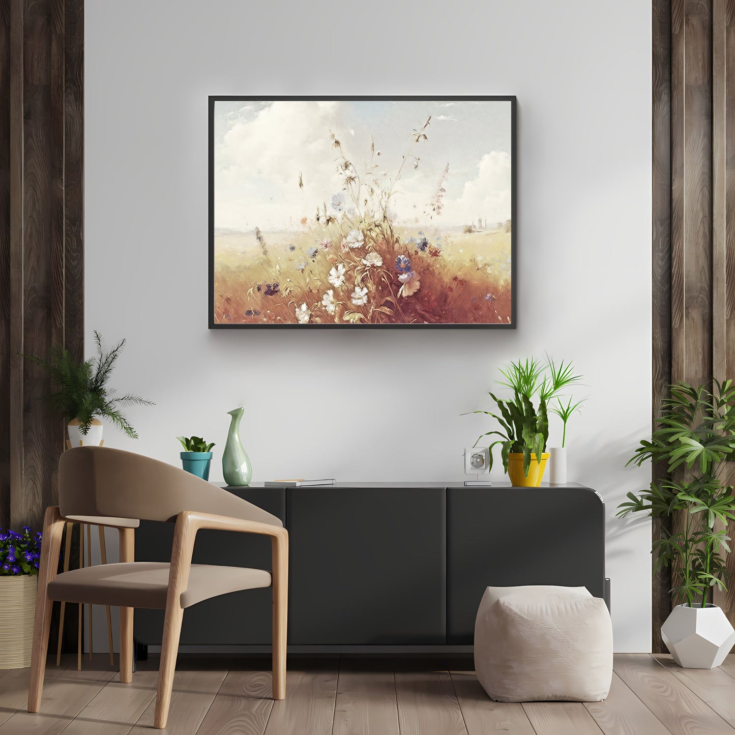 Wildflower Meadow Paper Poster Prints Wall Art Vintage Oil Painting in Neutral Tones blooming flowers for Home Decor