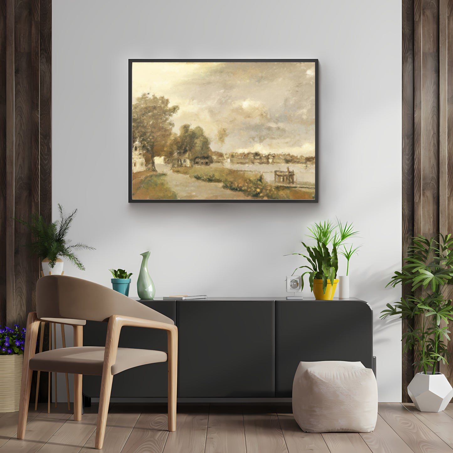French City Waterfront Promenade Paper Poster Prints Vintage Style Abstract Oil Painting in Muted Tones Wall Art for Home Decor neutral tones