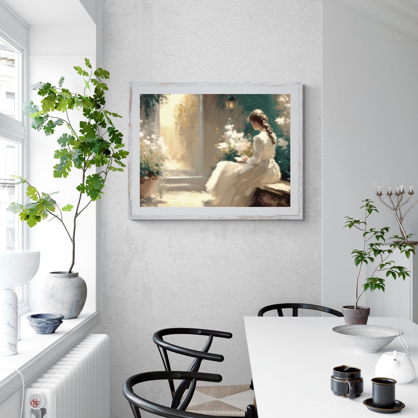 Woman Reading Paper Poster Prints Vintage Oil Painting of Woman in White Dress Amid Flowers Wall Art for Home Decor