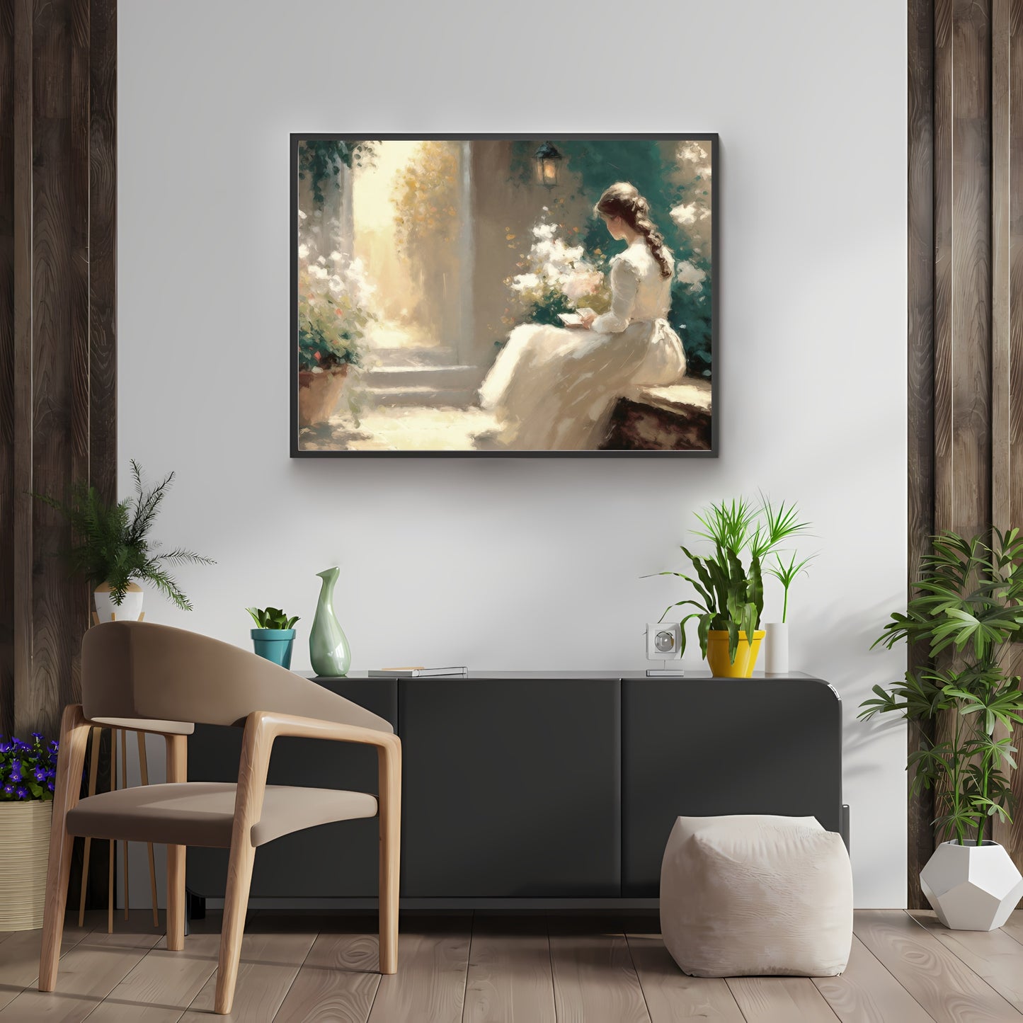 Woman Reading Paper Poster Prints Vintage Oil Painting of Woman in White Dress Amid Flowers Wall Art for Home Decor