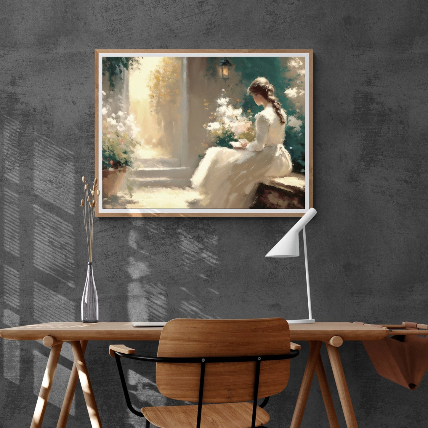 Woman Reading Paper Poster Prints Vintage Oil Painting of Woman in White Dress Amid Flowers Wall Art for Home Decor