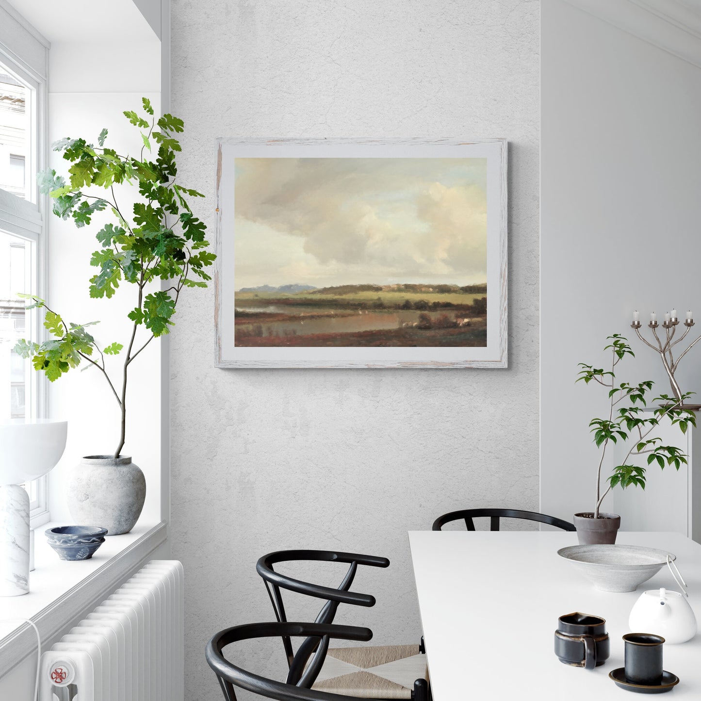 Vintage irische Landschaftspapier-Poster und Wandkunst mit Heidekraut-Ölgemälde, See und sanften Hügeln in sanften Farben, rustikale Landhausdekoration