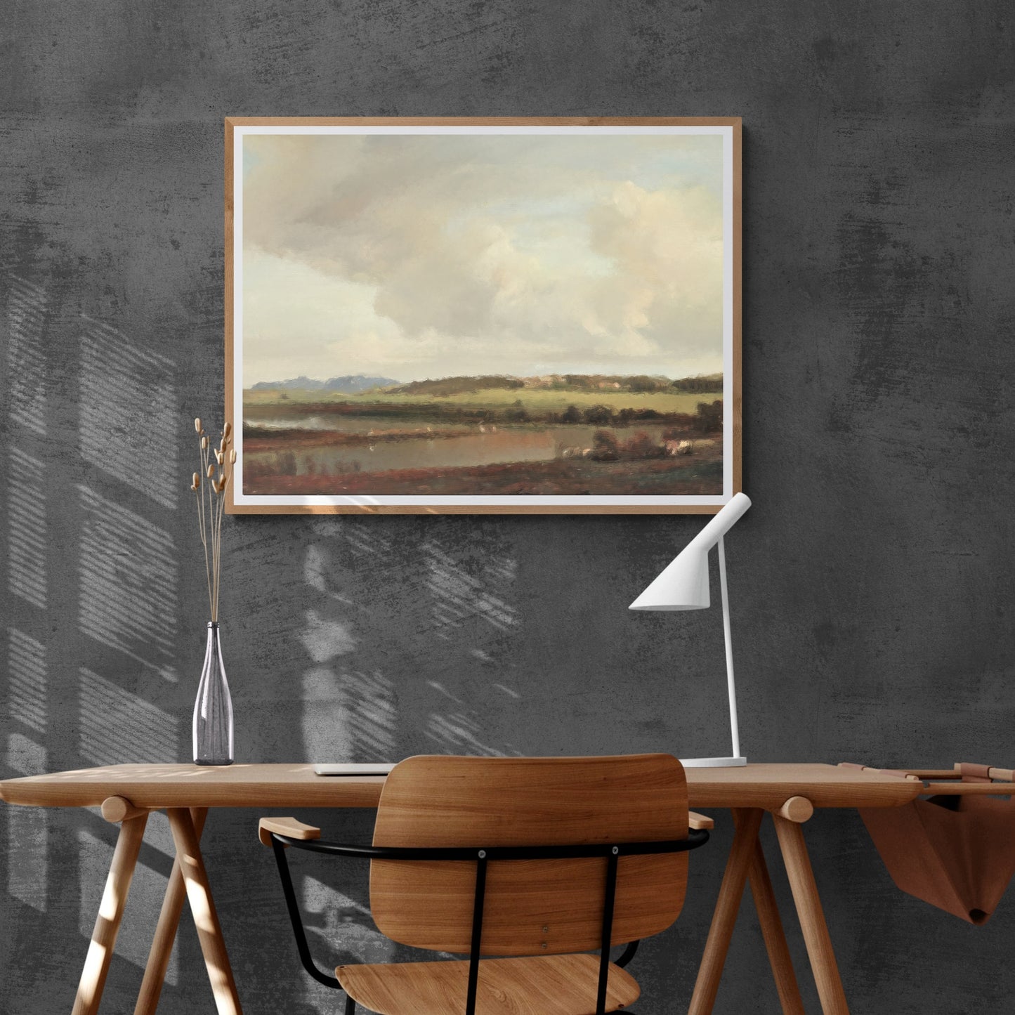 Vintage irische Landschaftspapier-Poster und Wandkunst mit Heidekraut-Ölgemälde, See und sanften Hügeln in sanften Farben, rustikale Landhausdekoration