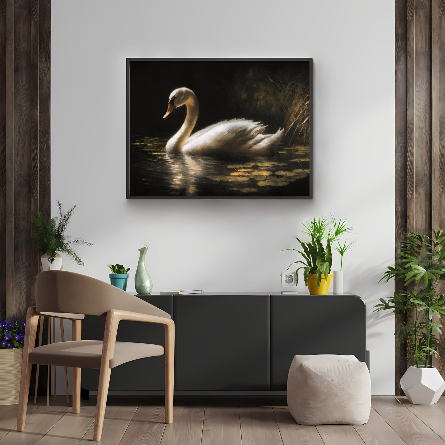 White Swan in Pond Paper Poster Prints Vintage Style Oil Painting Wall Art featuring a white swan with shimmering golden feathers in a serene pond