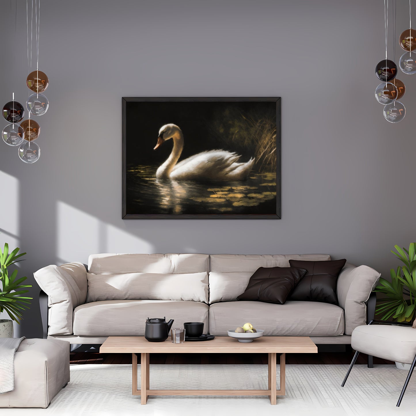 White Swan in Pond Paper Poster Prints Vintage Style Oil Painting Wall Art featuring a white swan with shimmering golden feathers in a serene pond