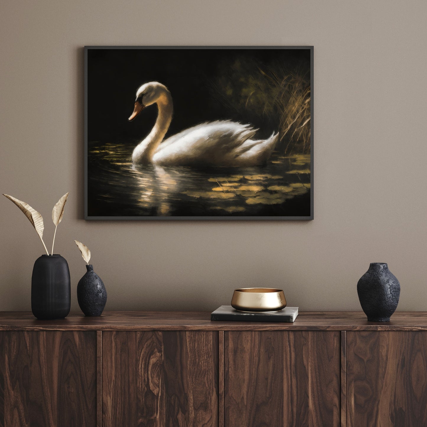 White Swan in Pond Paper Poster Prints Vintage Style Oil Painting Wall Art featuring a white swan with shimmering golden feathers in a serene pond