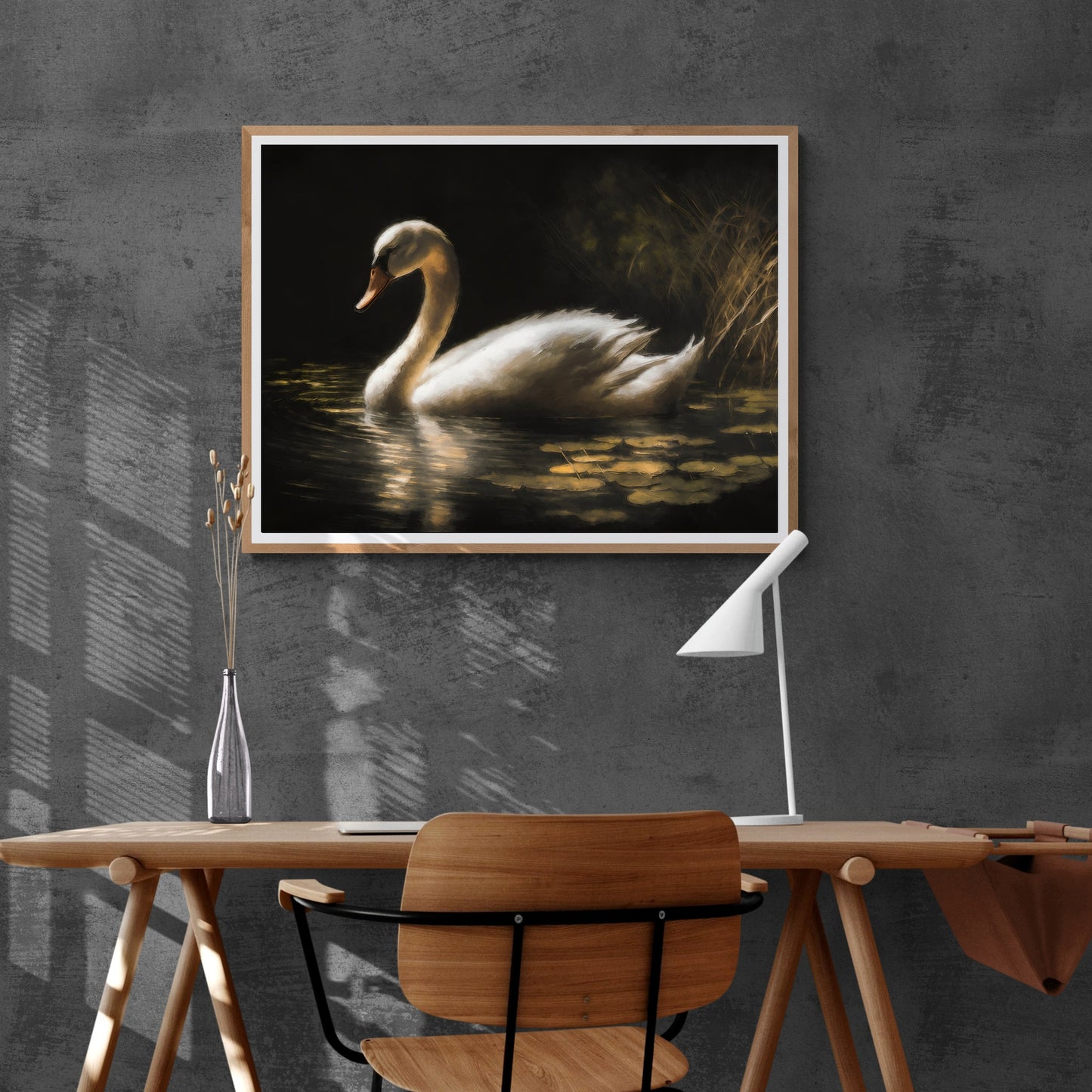 White Swan in Pond Paper Poster Prints Vintage Style Oil Painting Wall Art featuring a white swan with shimmering golden feathers in a serene pond
