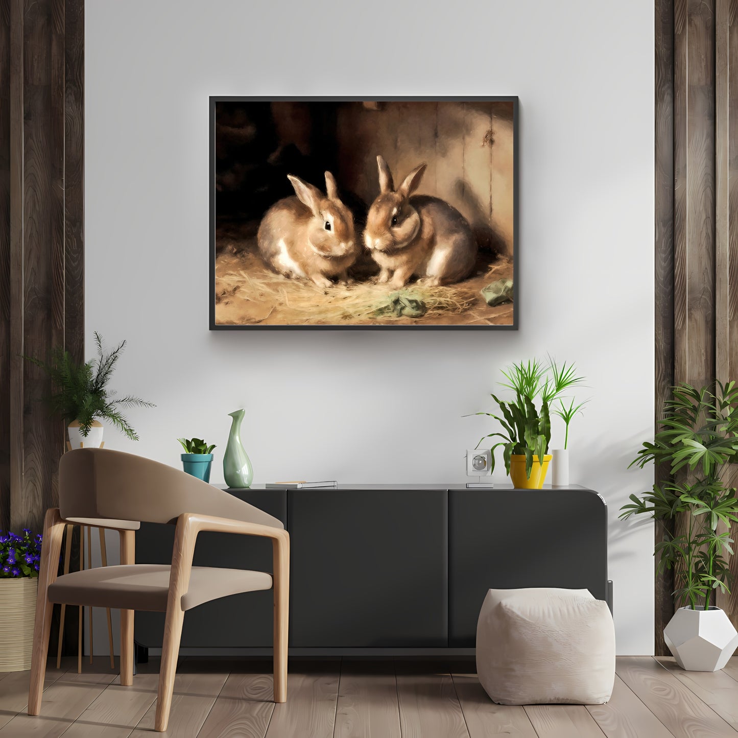 Brown Bunnies in Barn Rustic Paper Poster Prints Wall Art for Home Decor, Vintage Oil Painting Style with Visible Brushstrokes