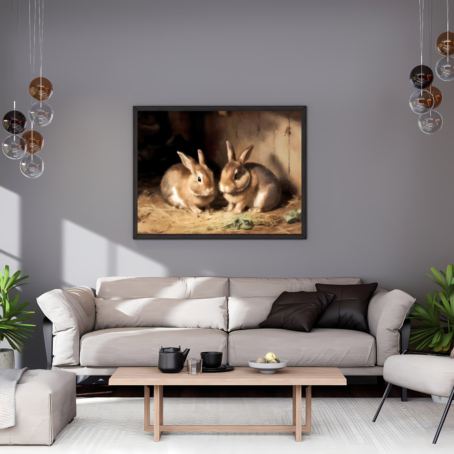 Brown Bunnies in Barn Rustic Paper Poster Prints Wall Art for Home Decor, Vintage Oil Painting Style with Visible Brushstrokes