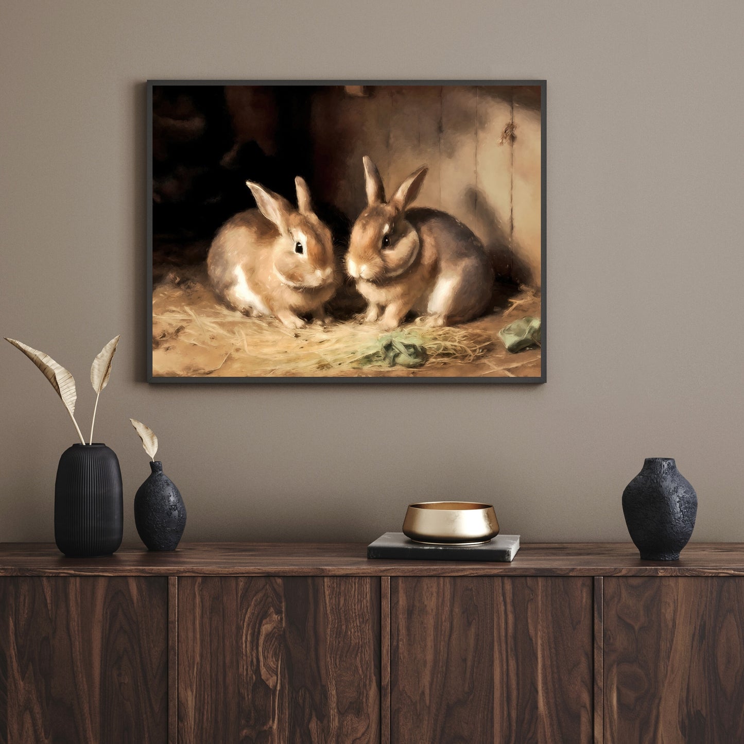 Brown Bunnies in Barn Rustic Paper Poster Prints Wall Art for Home Decor, Vintage Oil Painting Style with Visible Brushstrokes
