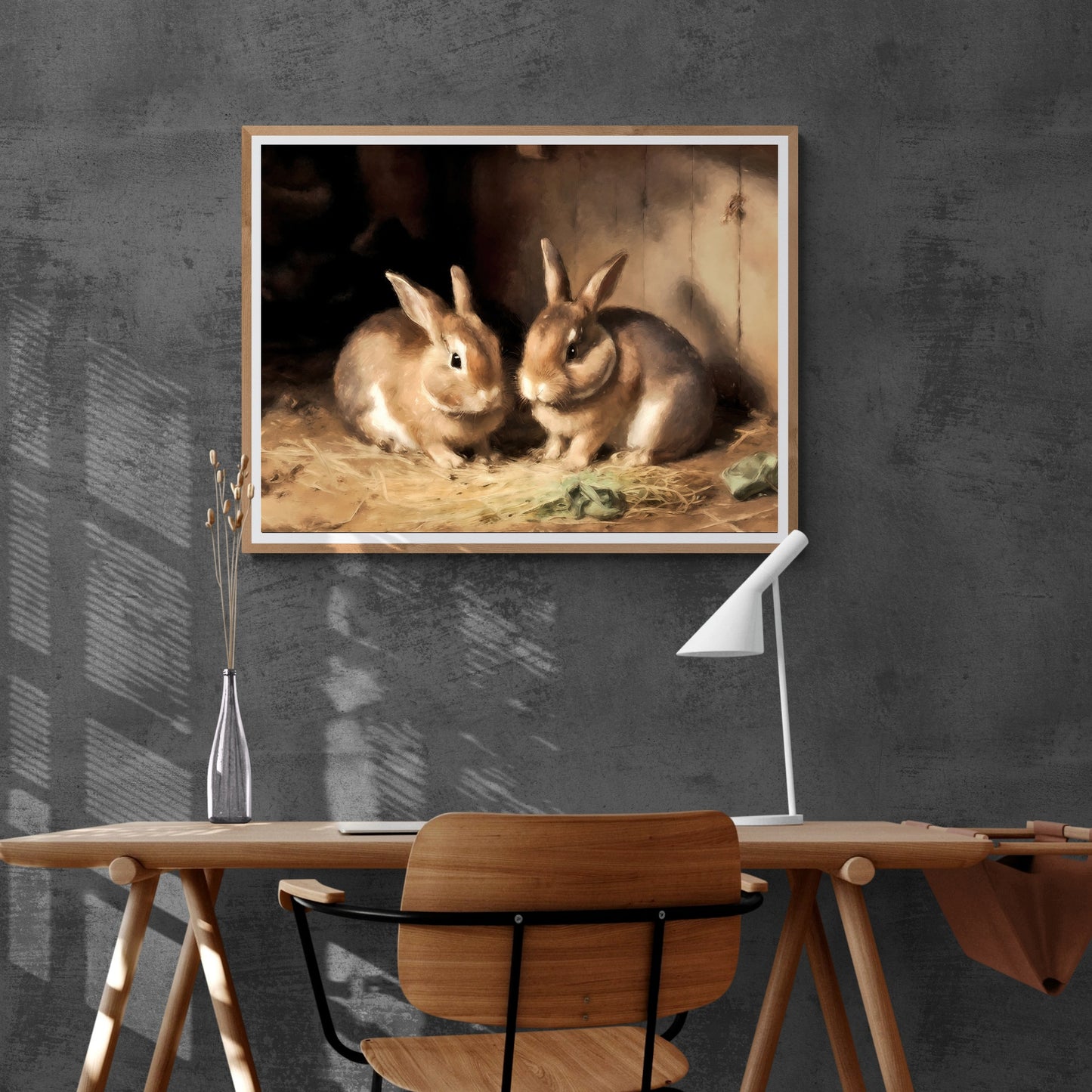 Brown Bunnies in Barn Rustic Paper Poster Prints Wall Art for Home Decor, Vintage Oil Painting Style with Visible Brushstrokes