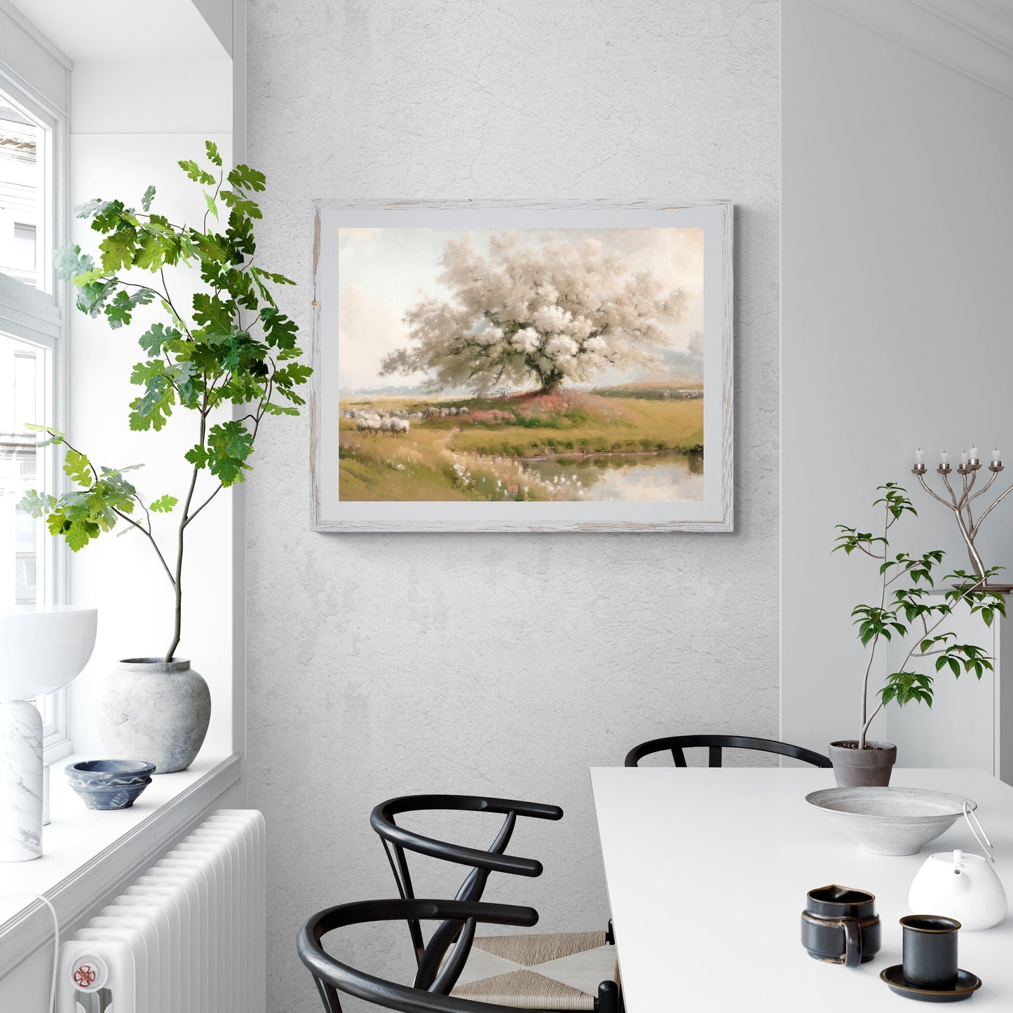 Cherry Blossom Tree in Wildflower Meadow Paper Poster Prints Vintage Style Wall Art with Sheep Herd and Soft Pastel Colors Nature Home Decor
