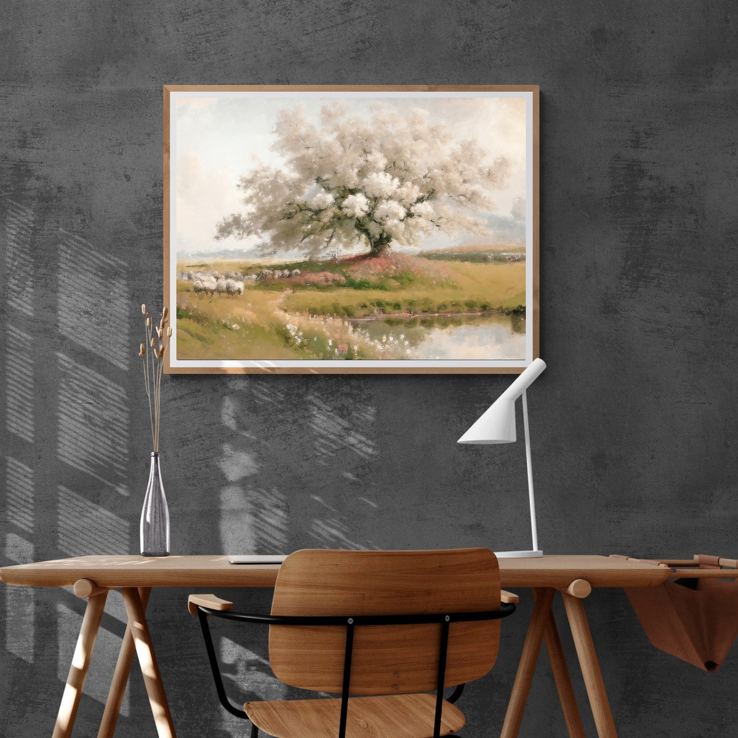 Cherry Blossom Tree in Wildflower Meadow Paper Poster Prints Vintage Style Wall Art with Sheep Herd and Soft Pastel Colors Nature Home Decor