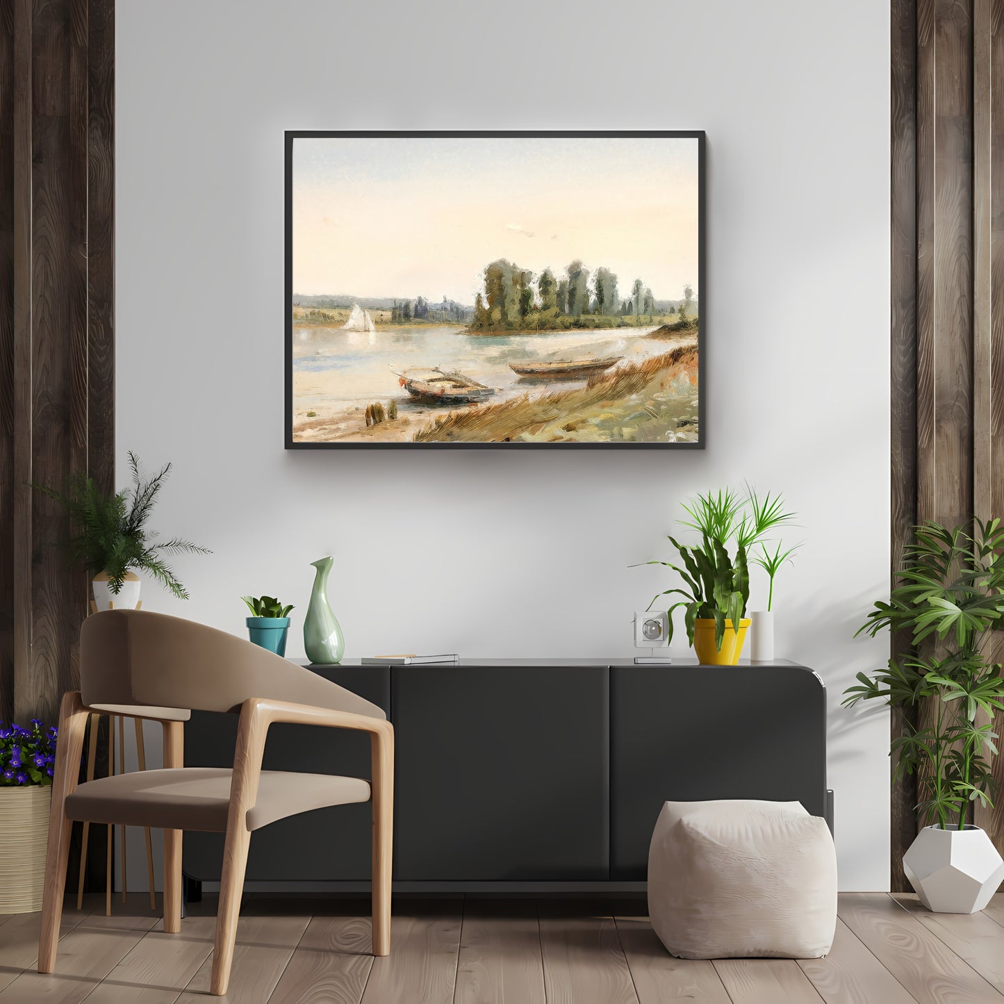 Tranquil Lake LandscapePaper Poster Prints Vintage Wall Art, Oil Painting, Two Boats on Riverbank, Sailboat, Impressionistic, Soft Pale Colors