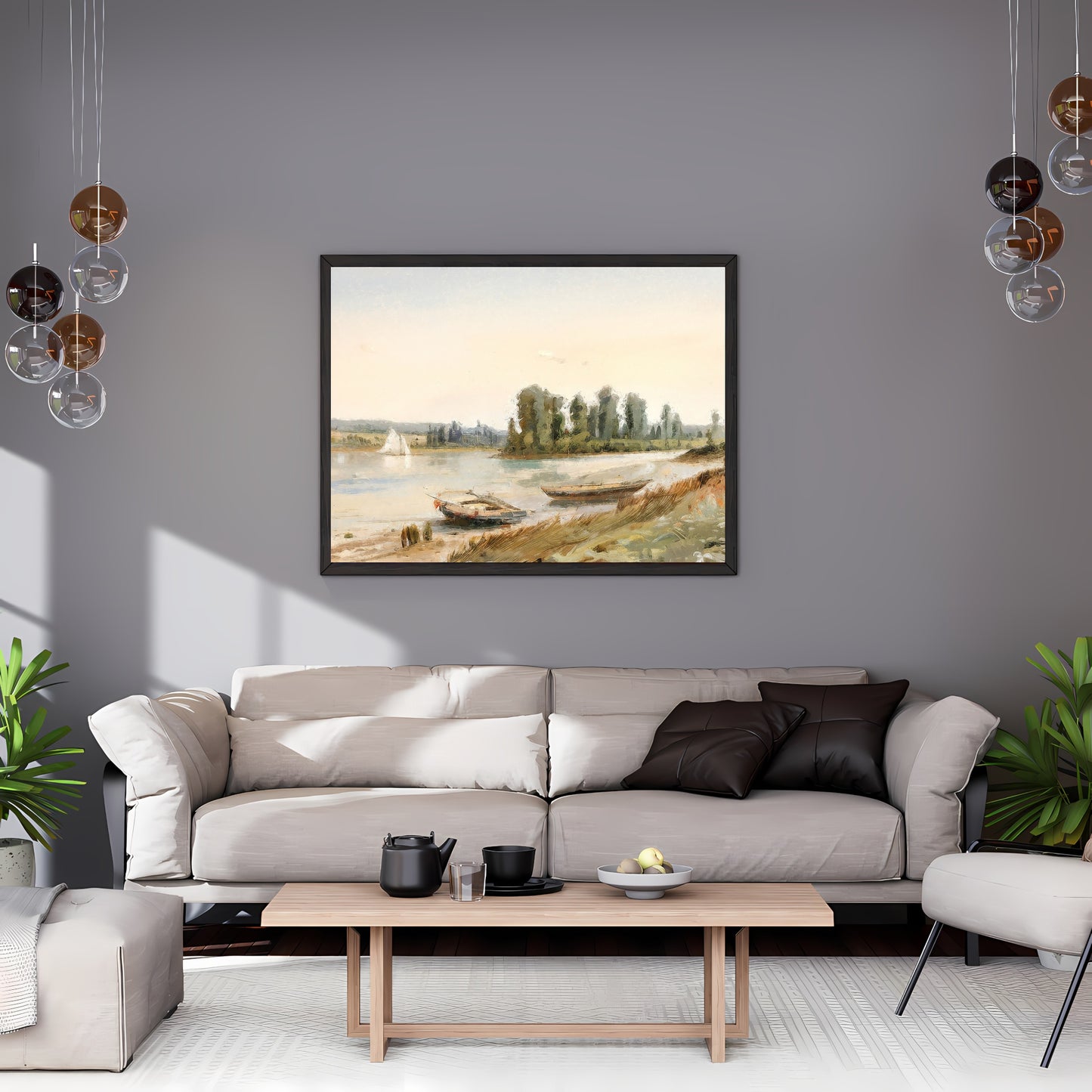 Tranquil Lake LandscapePaper Poster Prints Vintage Wall Art, Oil Painting, Two Boats on Riverbank, Sailboat, Impressionistic, Soft Pale Colors