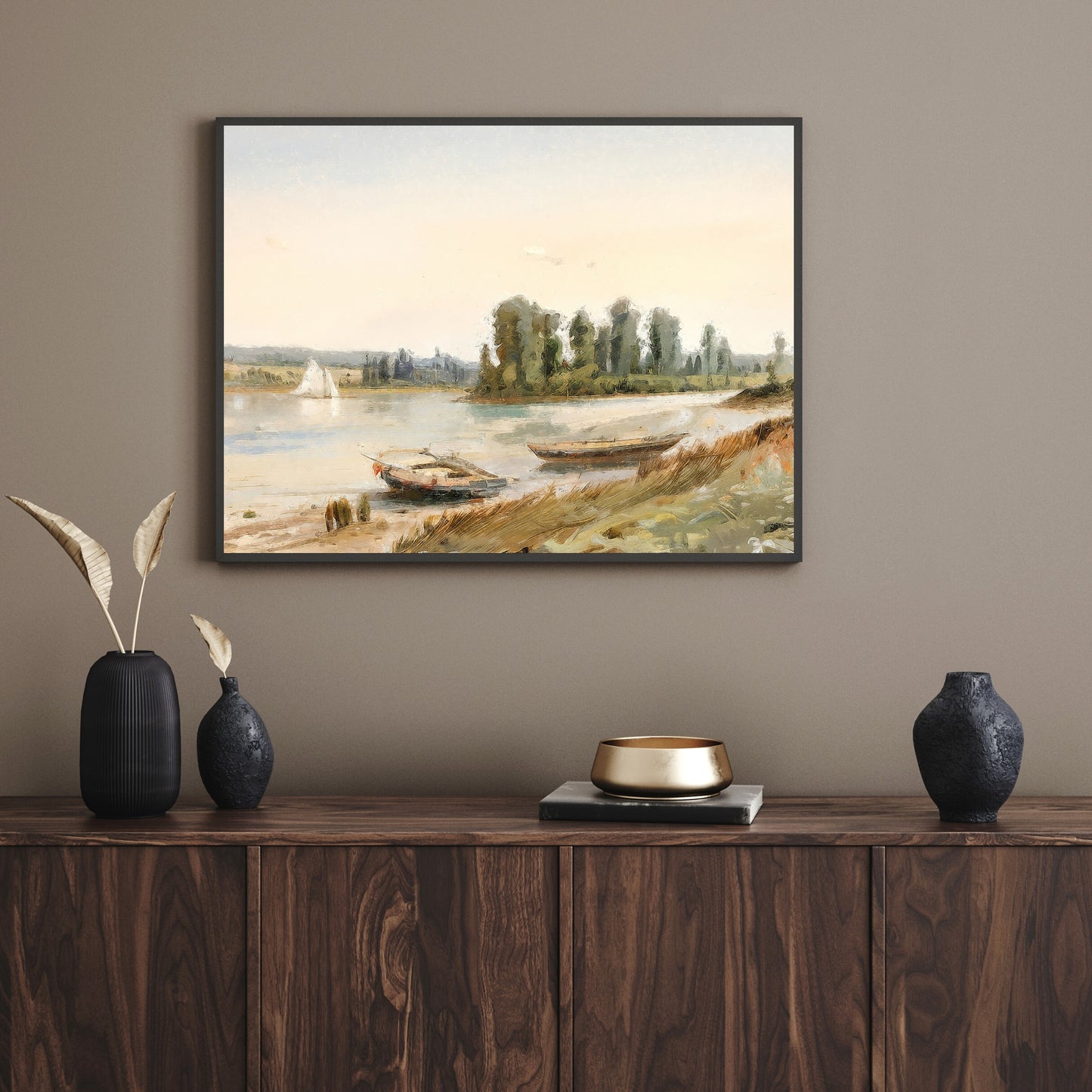 Tranquil Lake LandscapePaper Poster Prints Vintage Wall Art, Oil Painting, Two Boats on Riverbank, Sailboat, Impressionistic, Soft Pale Colors