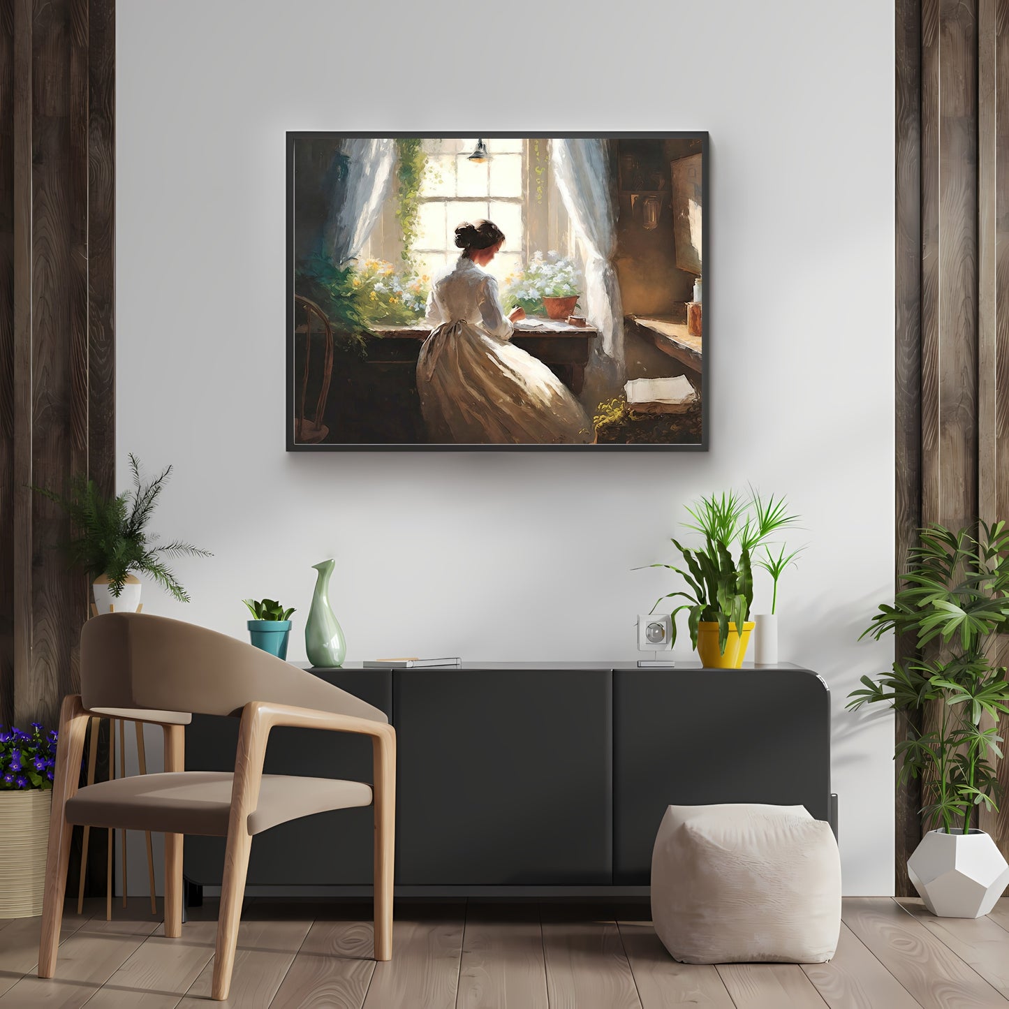 Antique Portrait Woman Working Paper Poster Prints Vintage Oil Painting & Wall Art of victorian Woman working in front of a window, Vintage Wall Art