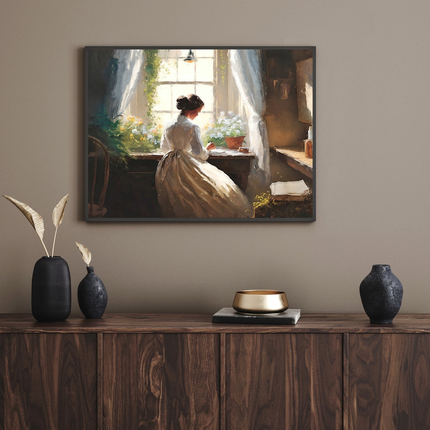Antique Portrait Woman Working Paper Poster Prints Vintage Oil Painting & Wall Art of victorian Woman working in front of a window, Vintage Wall Art