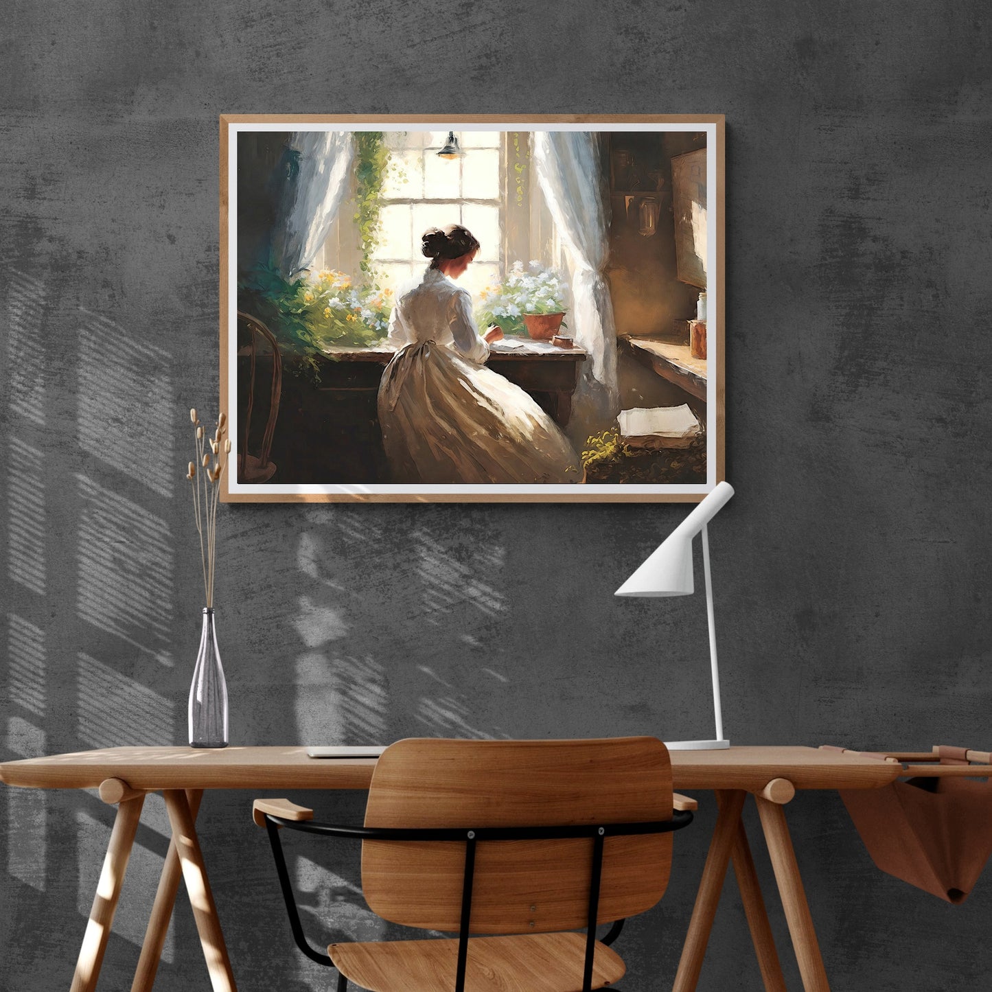Antique Portrait Woman Working Paper Poster Prints Vintage Oil Painting & Wall Art of victorian Woman working in front of a window, Vintage Wall Art