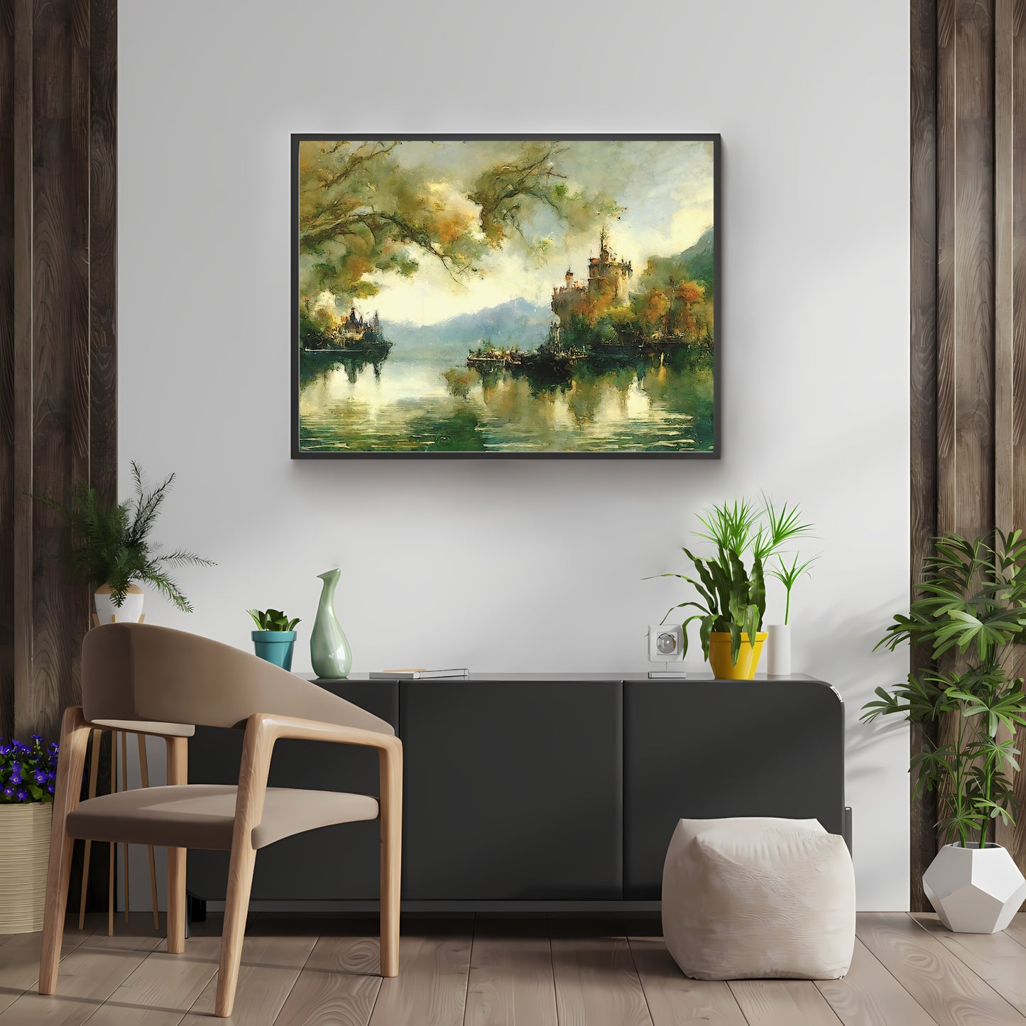 Castle by the Lake with Autumn Colors Paper Poster Prints Vintage Oil Painting Wall Art, Home Decor, Impressionistic Art, Lake Landscape Painting