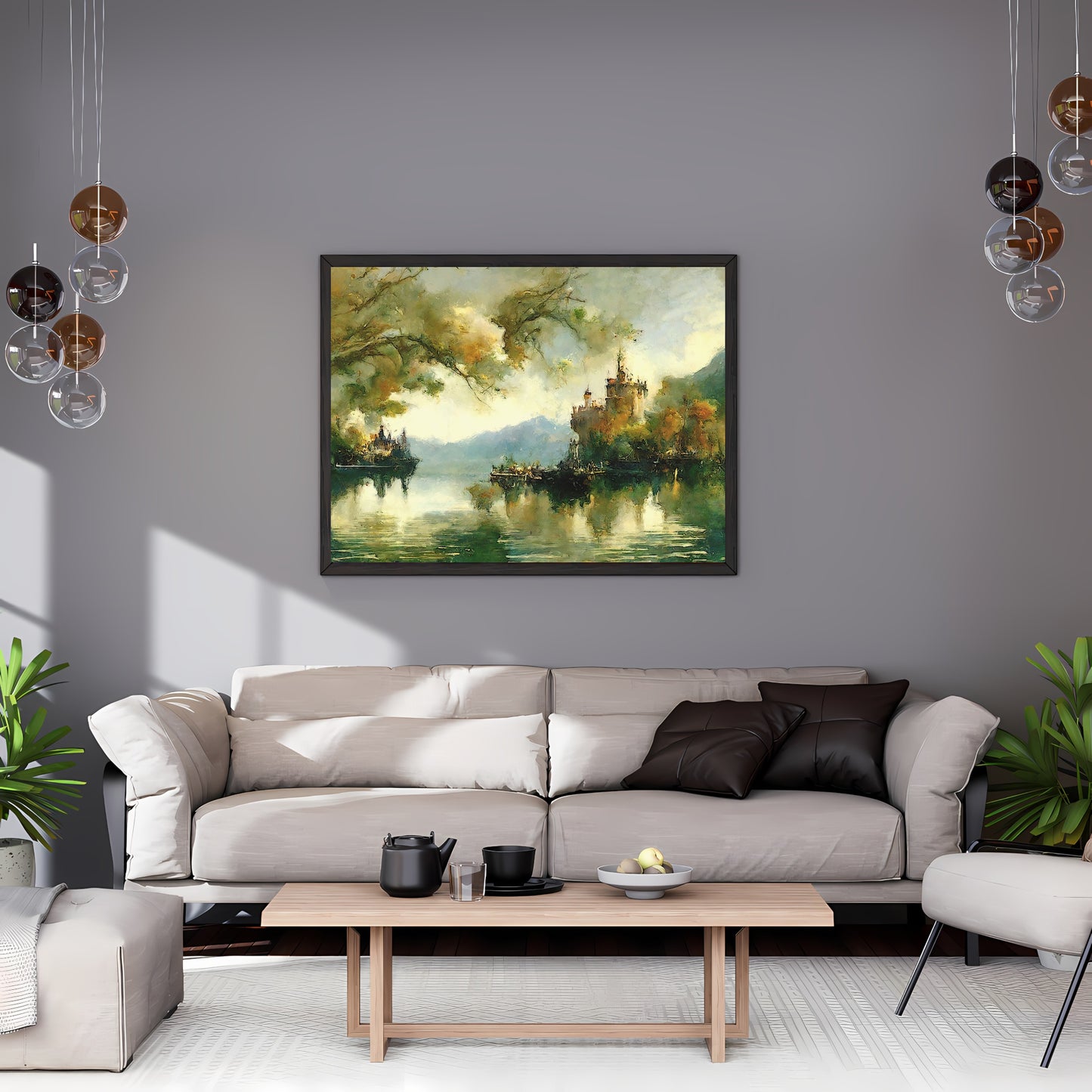 Castle by the Lake with Autumn Colors Paper Poster Prints Vintage Oil Painting Wall Art, Home Decor, Impressionistic Art, Lake Landscape Painting