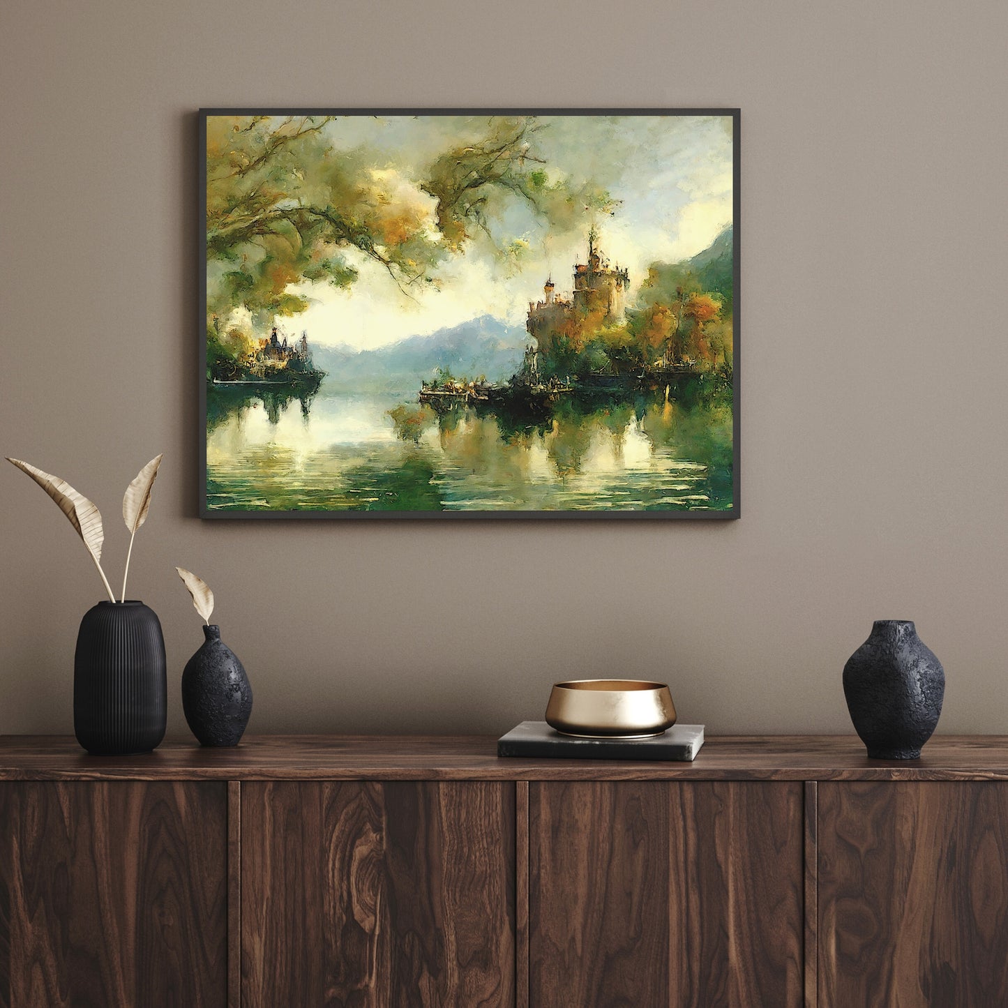 Castle by the Lake with Autumn Colors Paper Poster Prints Vintage Oil Painting Wall Art, Home Decor, Impressionistic Art, Lake Landscape Painting
