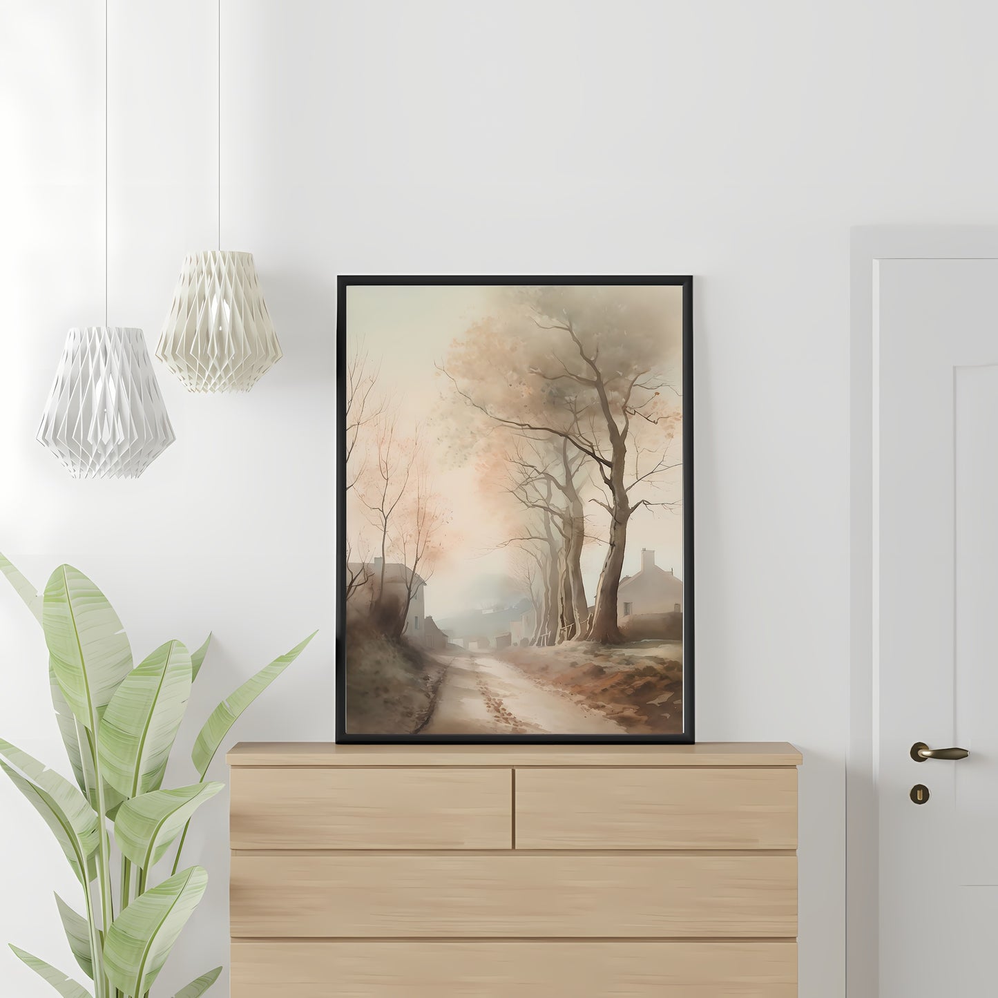 French Countryside Watercolor Painting Paper Poster Prints Autumn Alley to Quaint Village with High Trees, Neutral Soft Colors, Rustic Home Decor Art muted