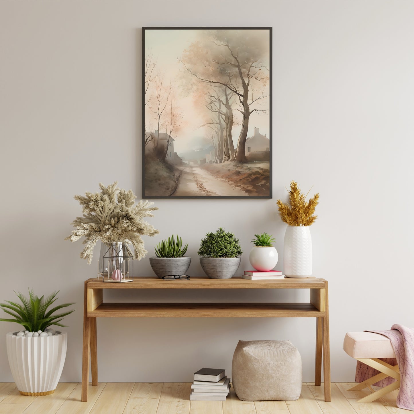 French Countryside Watercolor Painting Paper Poster Prints Autumn Alley to Quaint Village with High Trees, Neutral Soft Colors, Rustic Home Decor Art muted