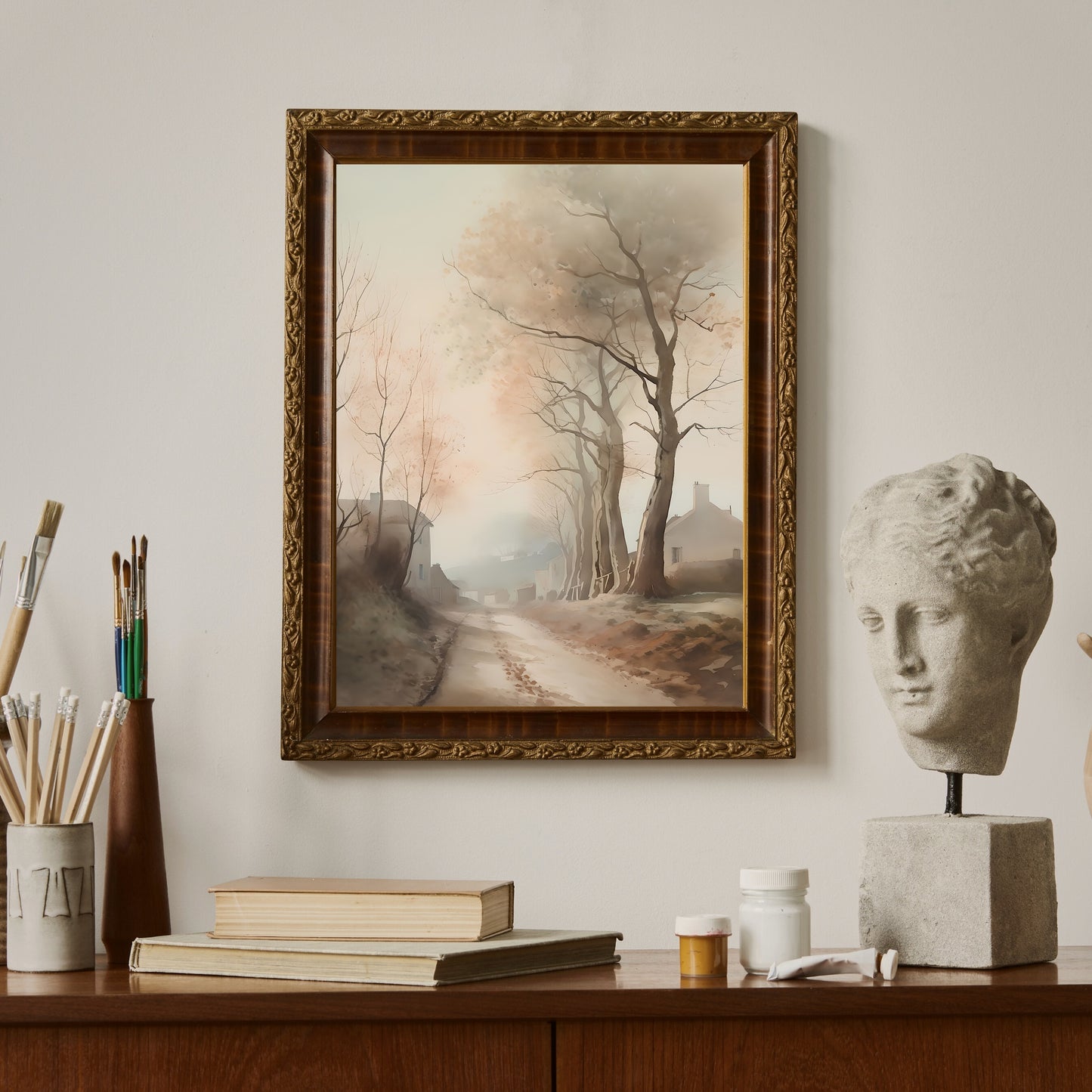 French Countryside Watercolor Painting Paper Poster Prints Autumn Alley to Quaint Village with High Trees, Neutral Soft Colors, Rustic Home Decor Art muted