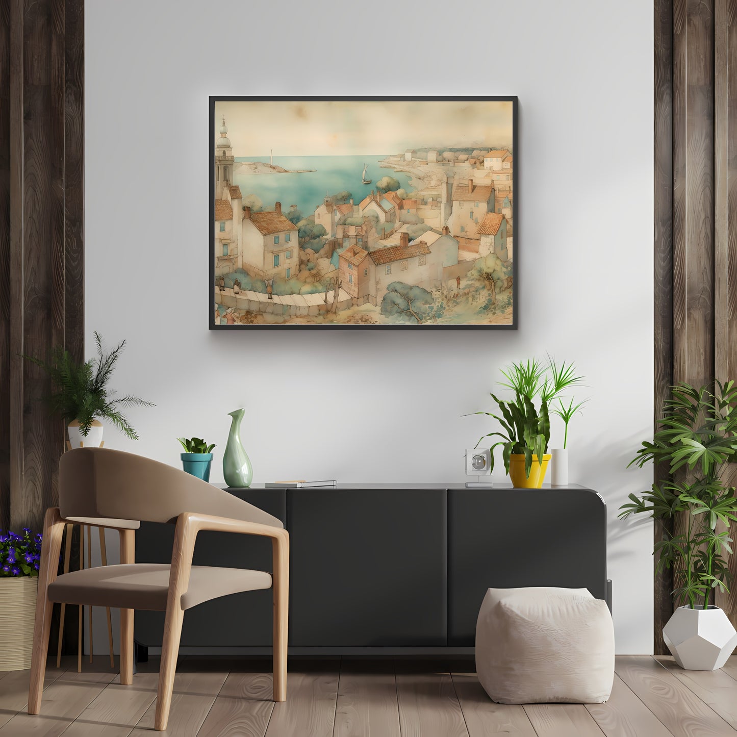 French Coastal Town Watercolor Paper Poster Prints Painting Pastel Colors, Seaside Village, Rustic Home Decor Art, Seaside Landscape, Farmhouse Decor