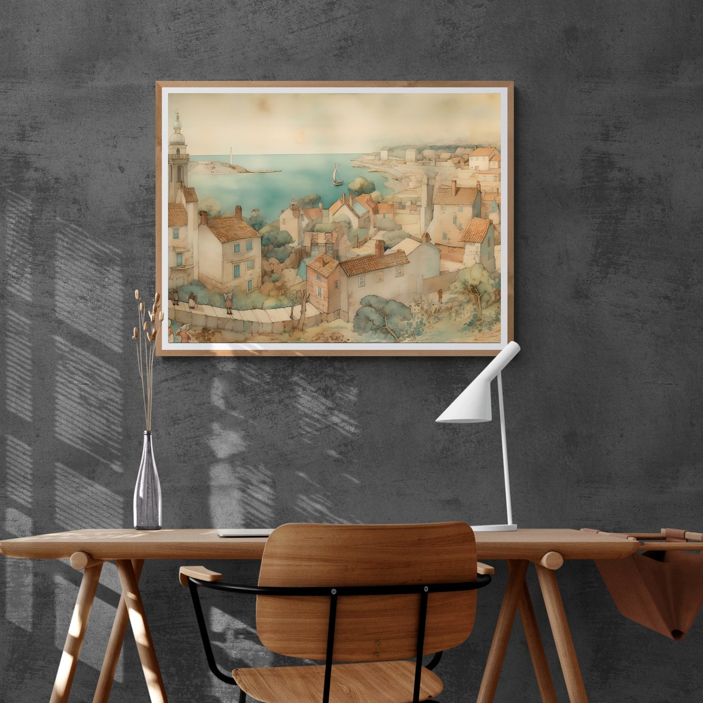 French Coastal Town Watercolor Paper Poster Prints Painting Pastel Colors, Seaside Village, Rustic Home Decor Art, Seaside Landscape, Farmhouse Decor
